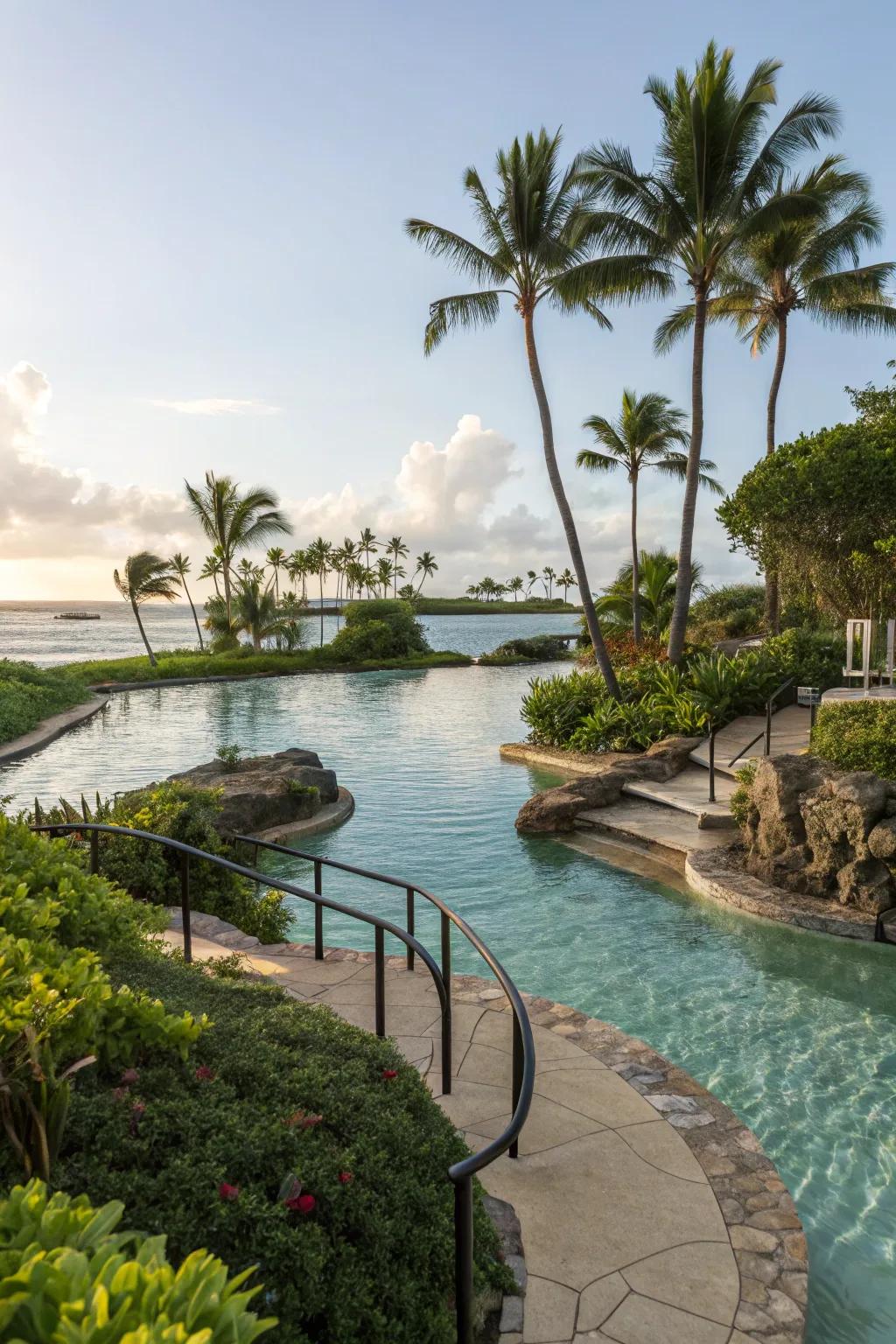 Walk-in entrances enhance the accessibility and appeal of lagoon pools.