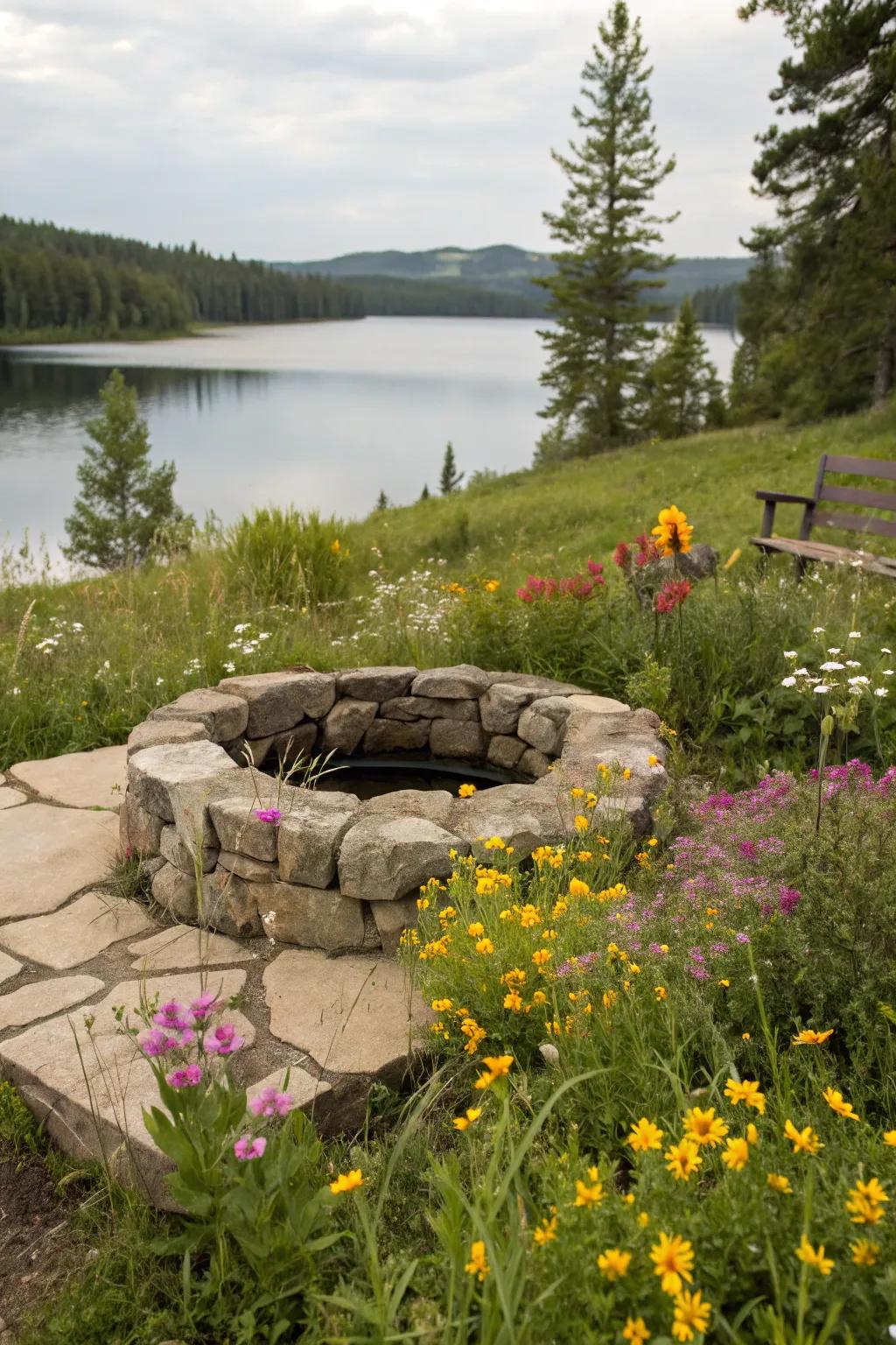 Natural stone materials integrate beautifully with the lakeside environment.