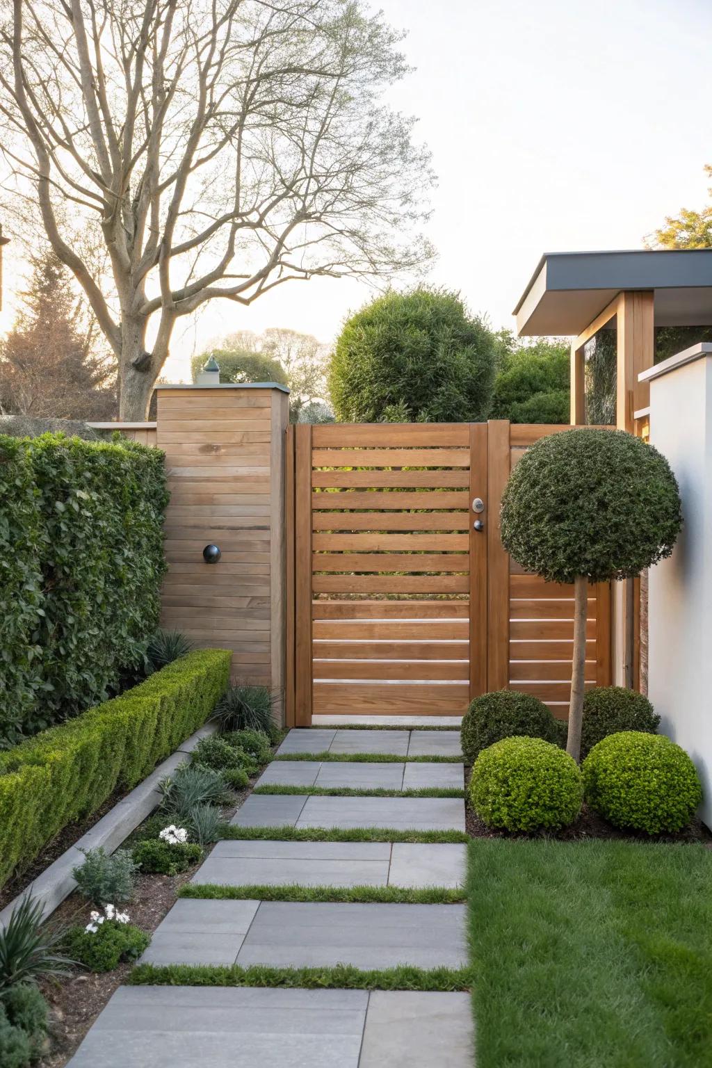 An even lath entrance merges contemporary blueprint with seclusion.