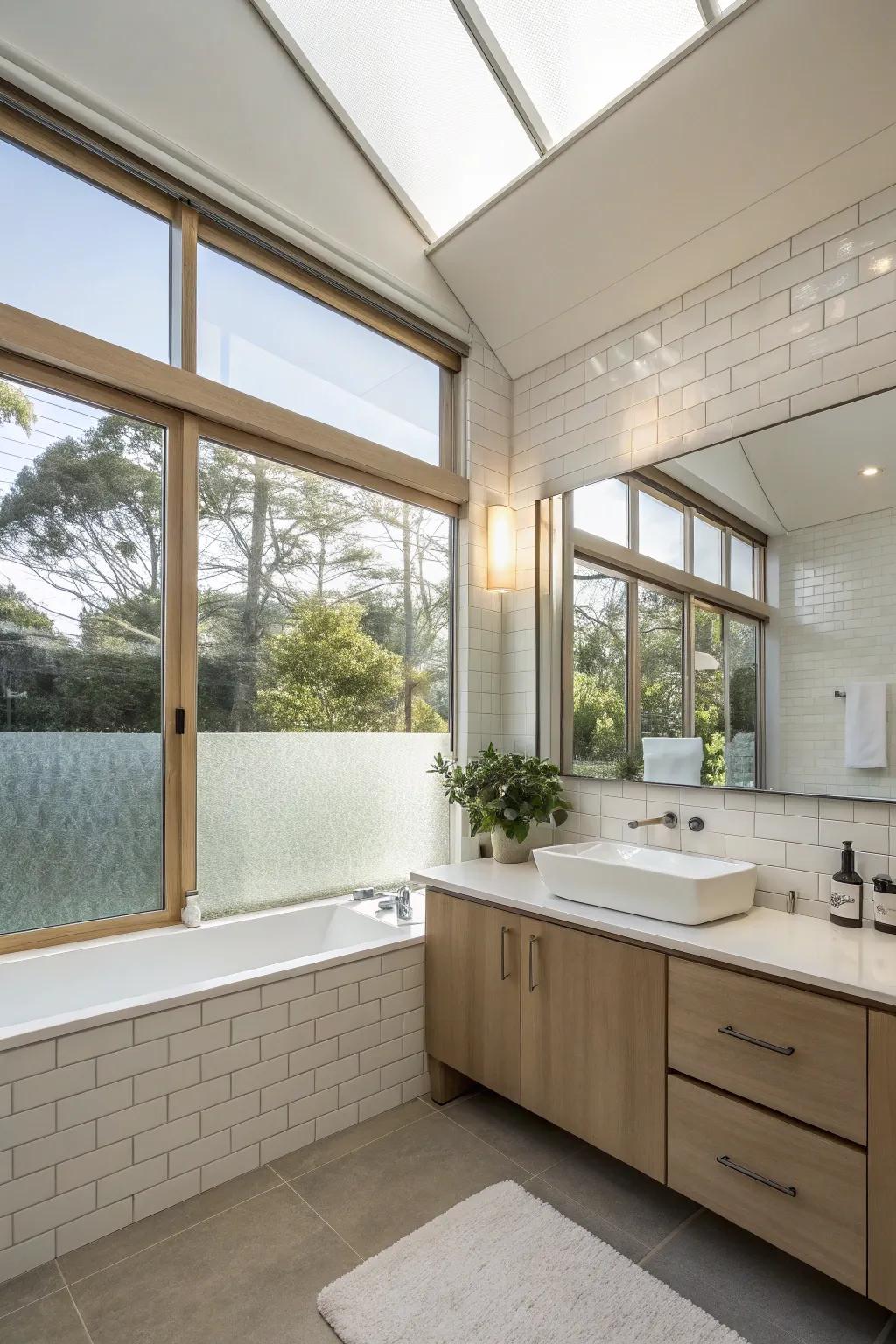 Clerestory windows offering privacy and daylight to a bathroom.