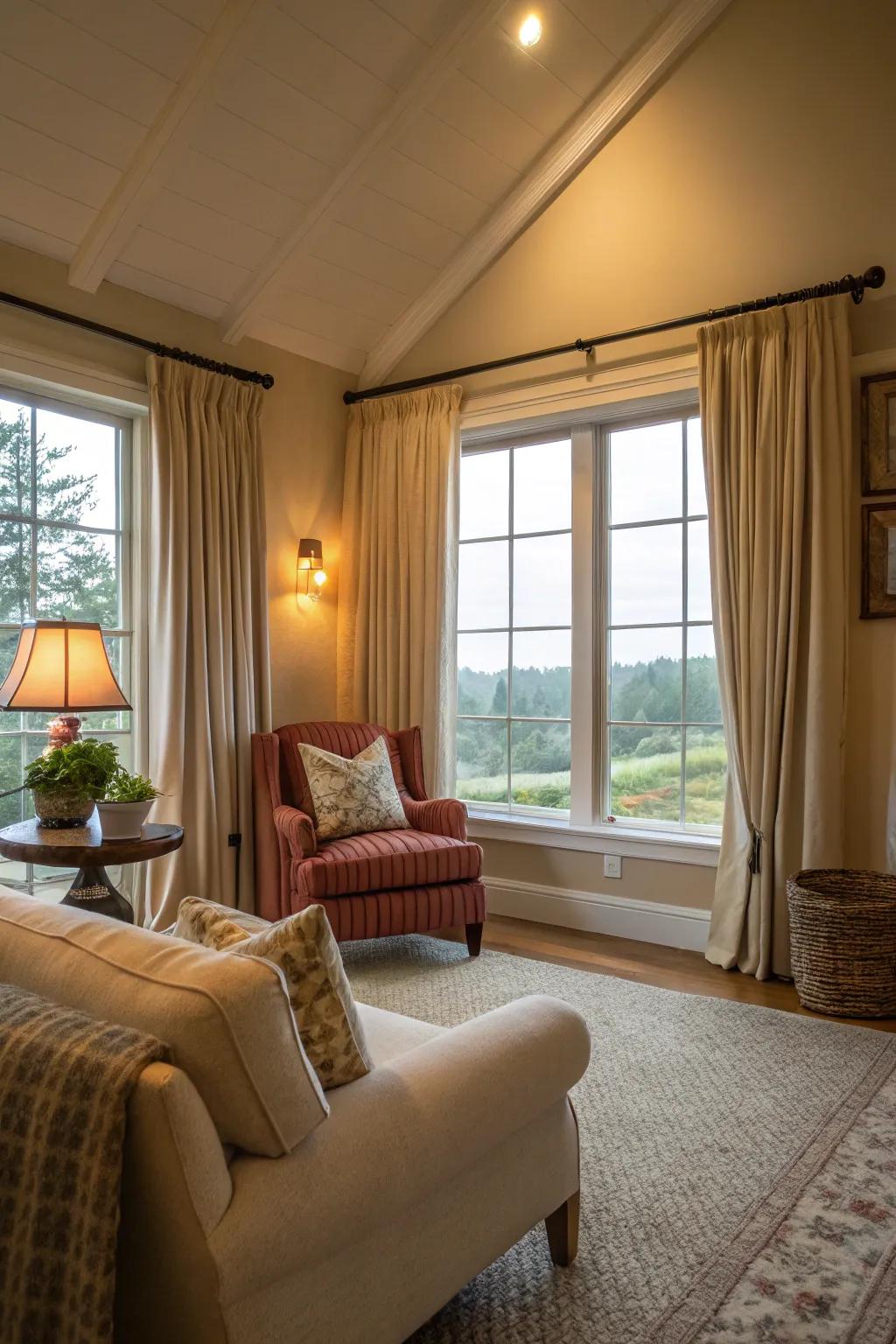 Loop-top curtains evoke a casual appeal.