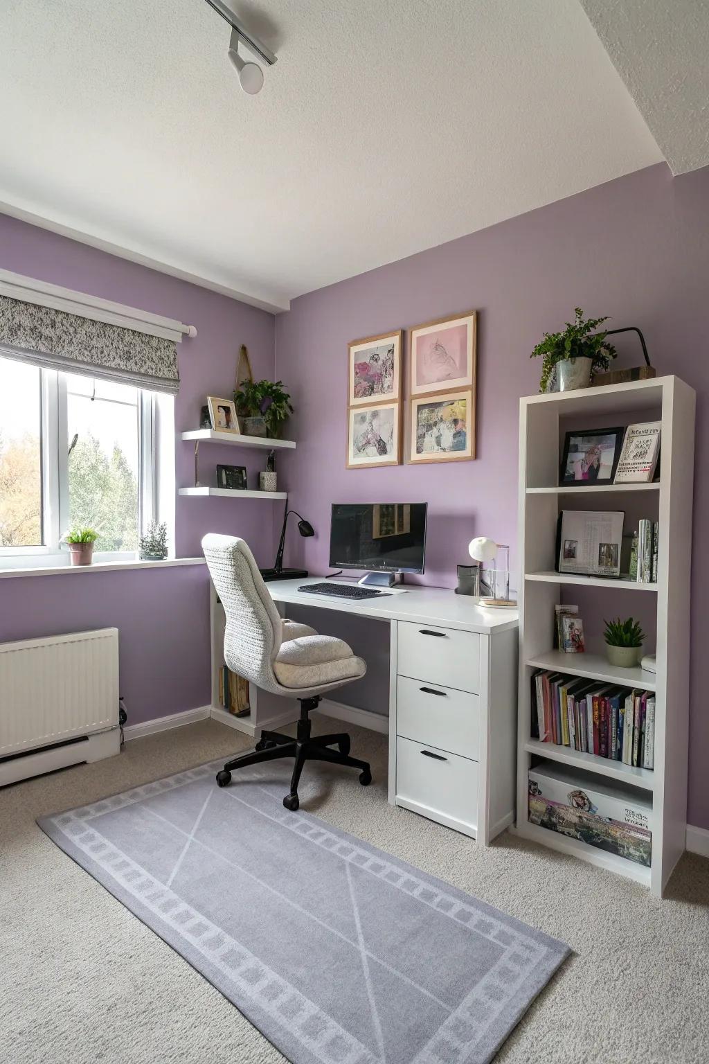 A serene home office featuring lavender walls and desk accents, creating a focused work environment.