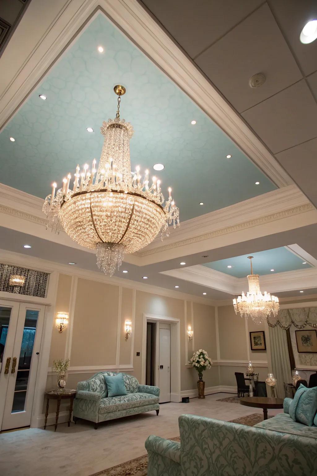 A sky-blue ceiling beautifully complements an elegant chandelier.