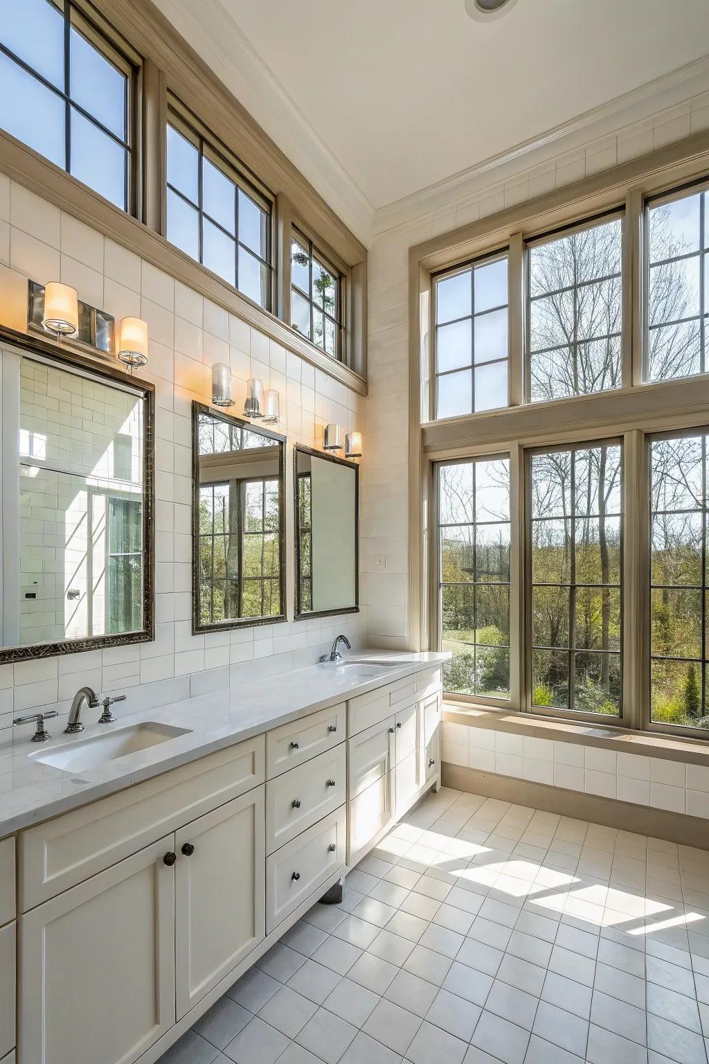 Sunlight amplifies the radiance and charm of a light-toned bathroom.