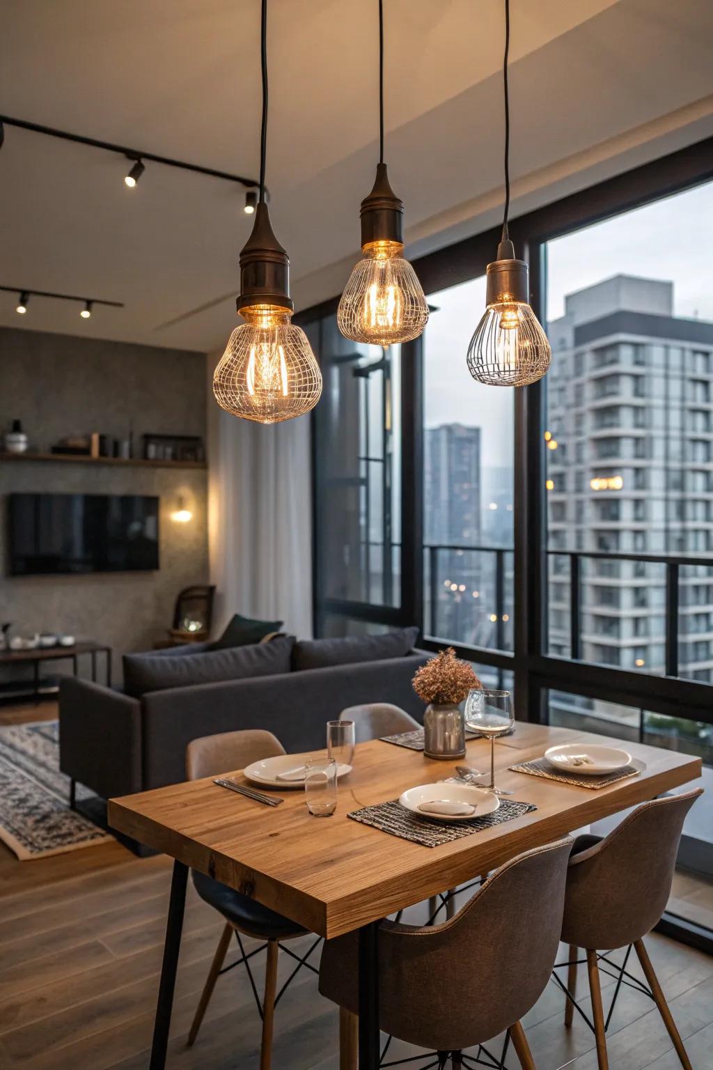 Plug-in drop lights introduce a modern touch to dining spaces, setting up a chic point of focus.