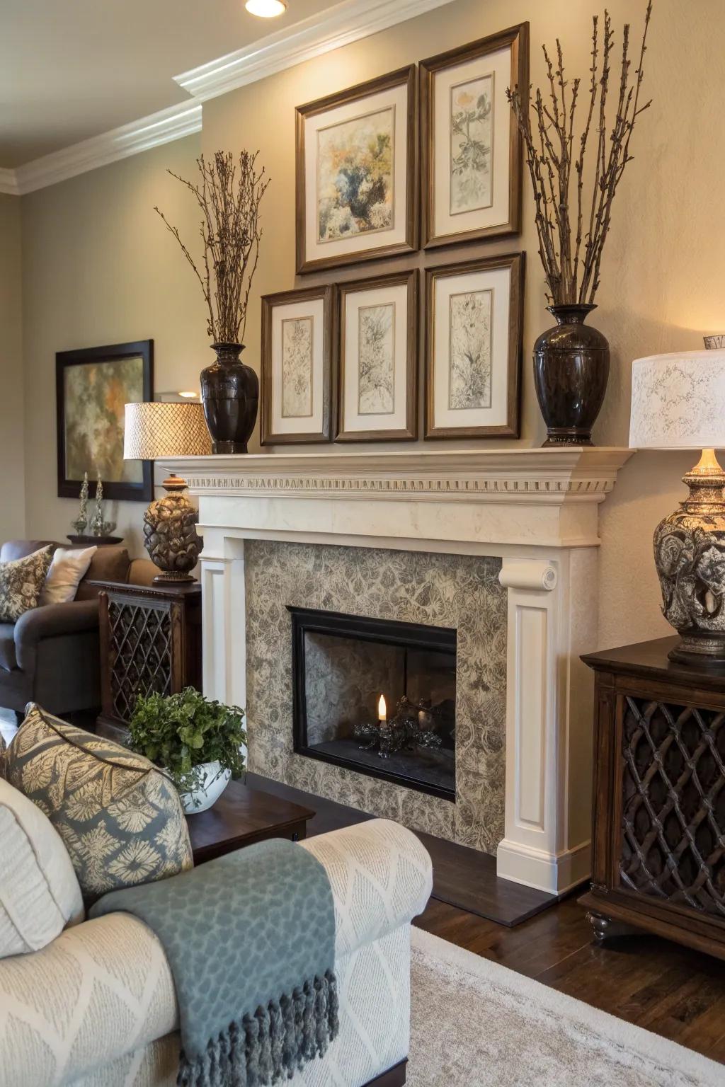 An artfully decorated fireplace mantel adding personal flair.