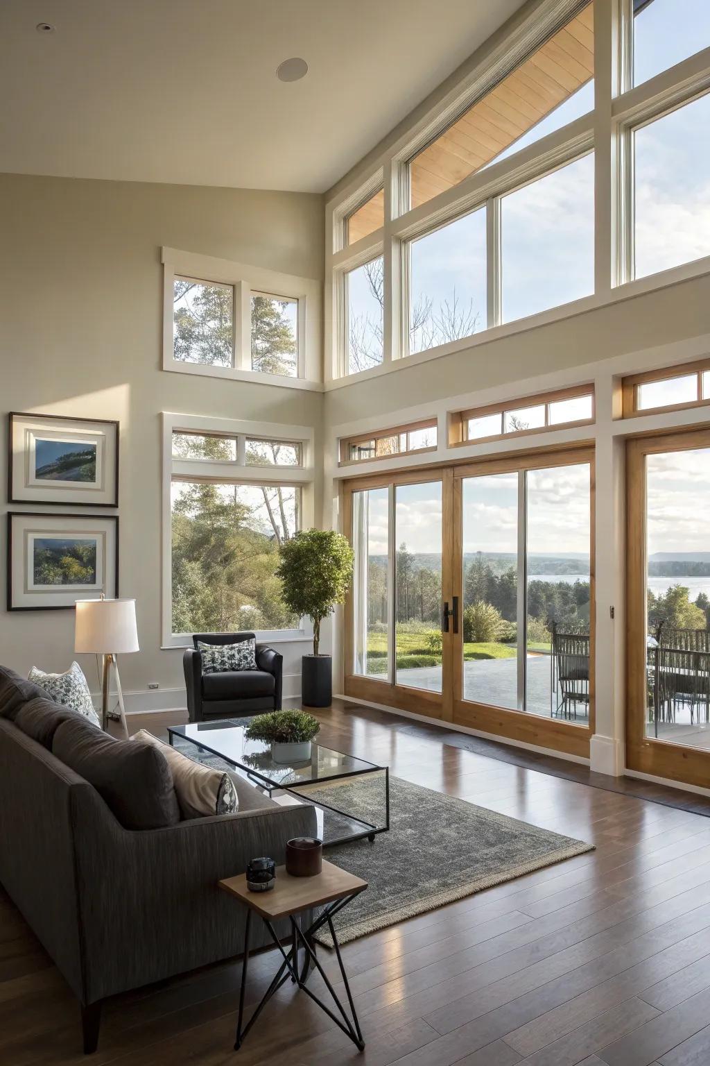 Mix and match window styles for a dynamic and unique living room design.