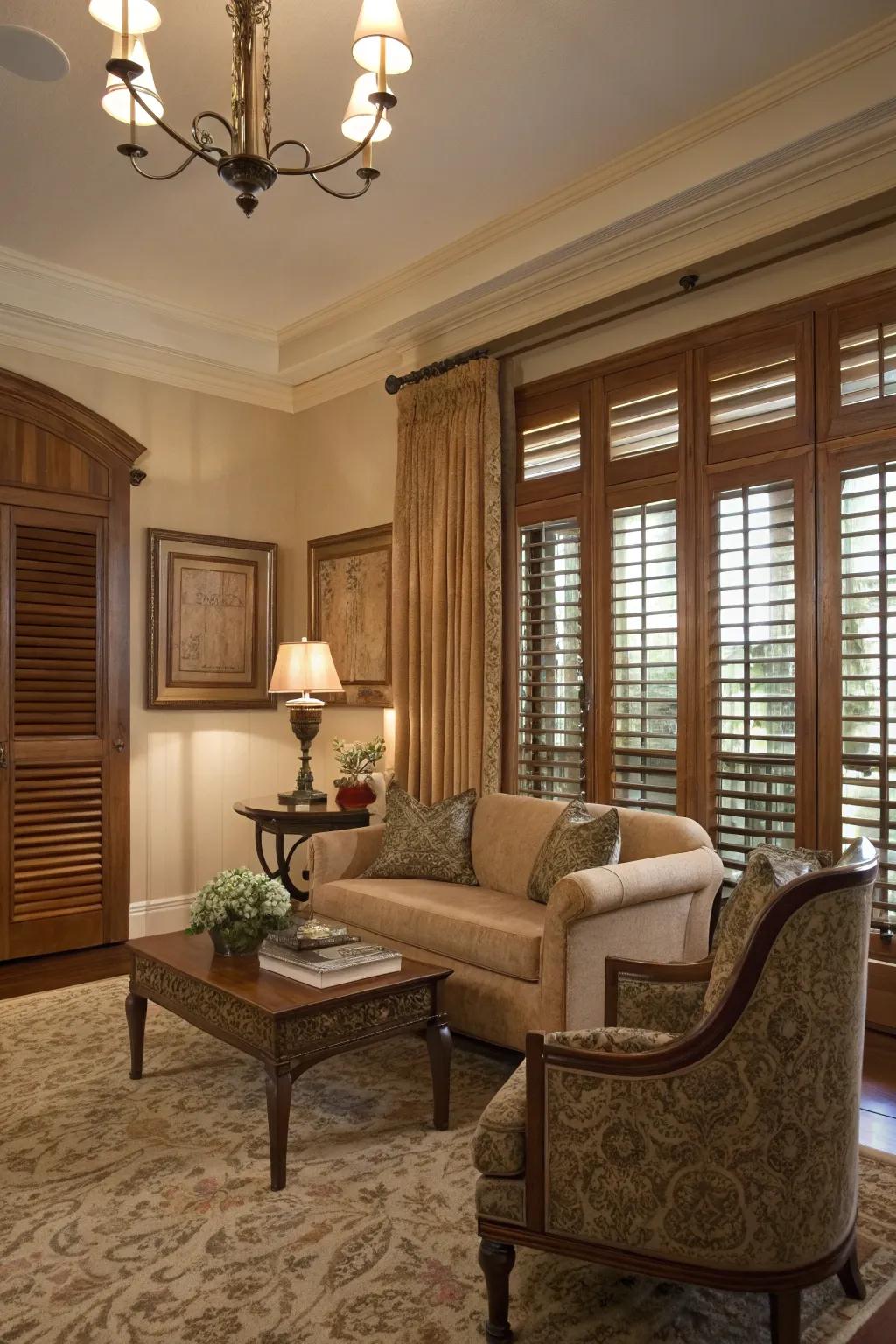 Wooden shutters provide timeless elegance and functionality.