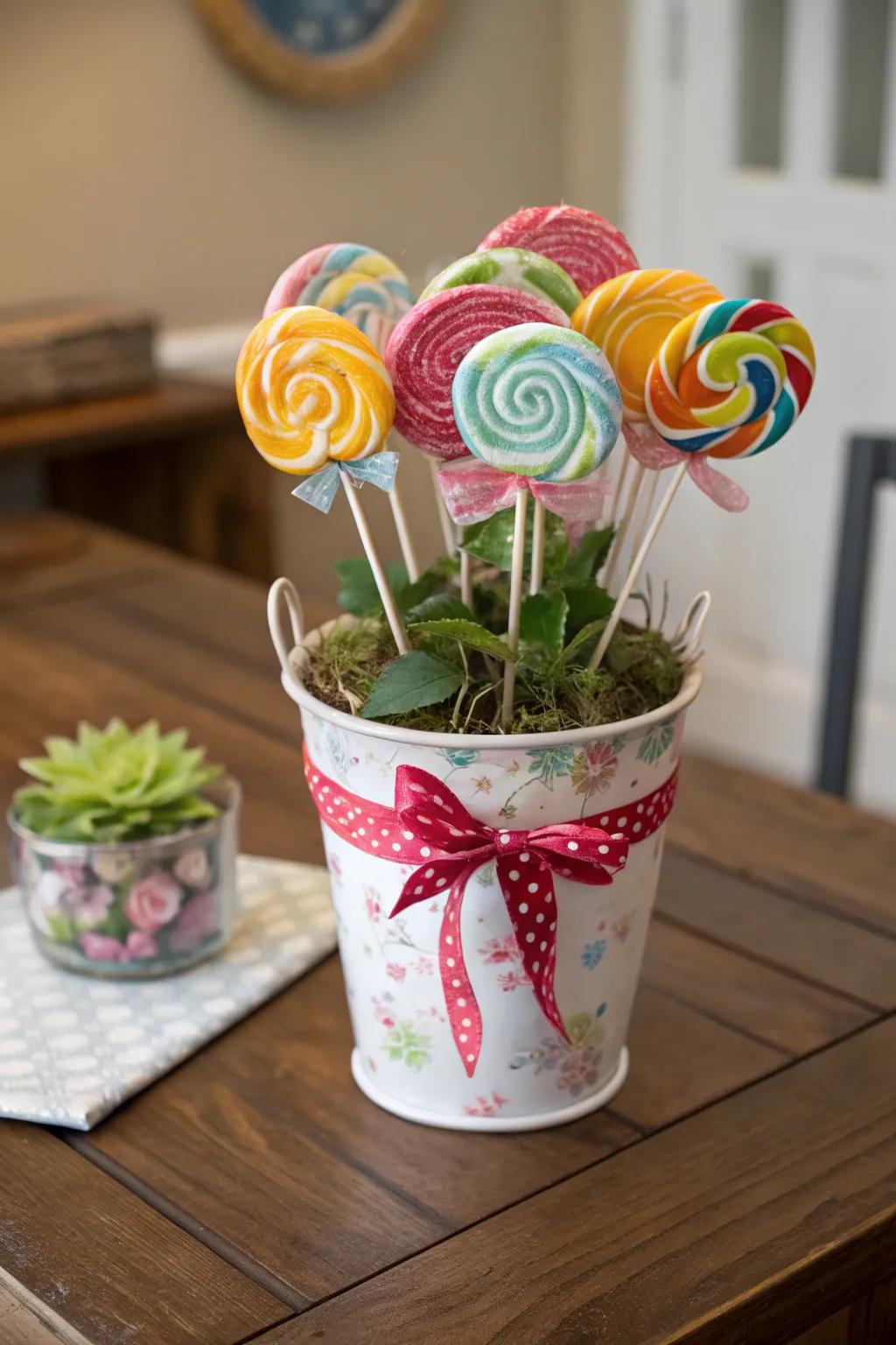 A personalized pot filled with lollipops