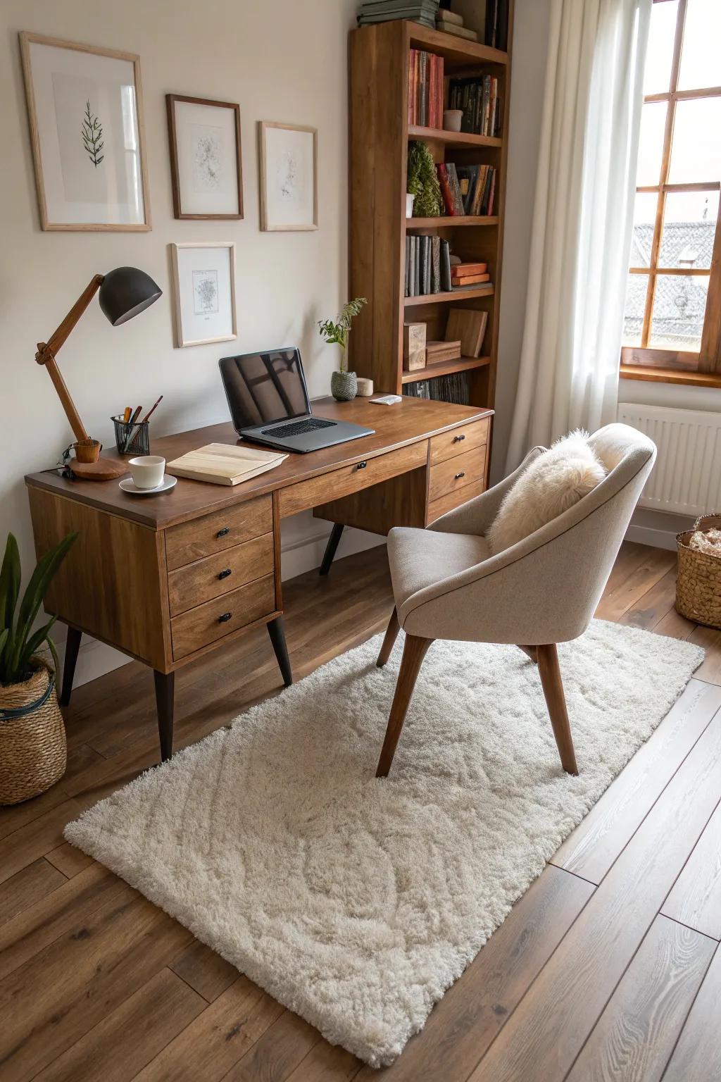 A modern home office showcasing textural contrast.