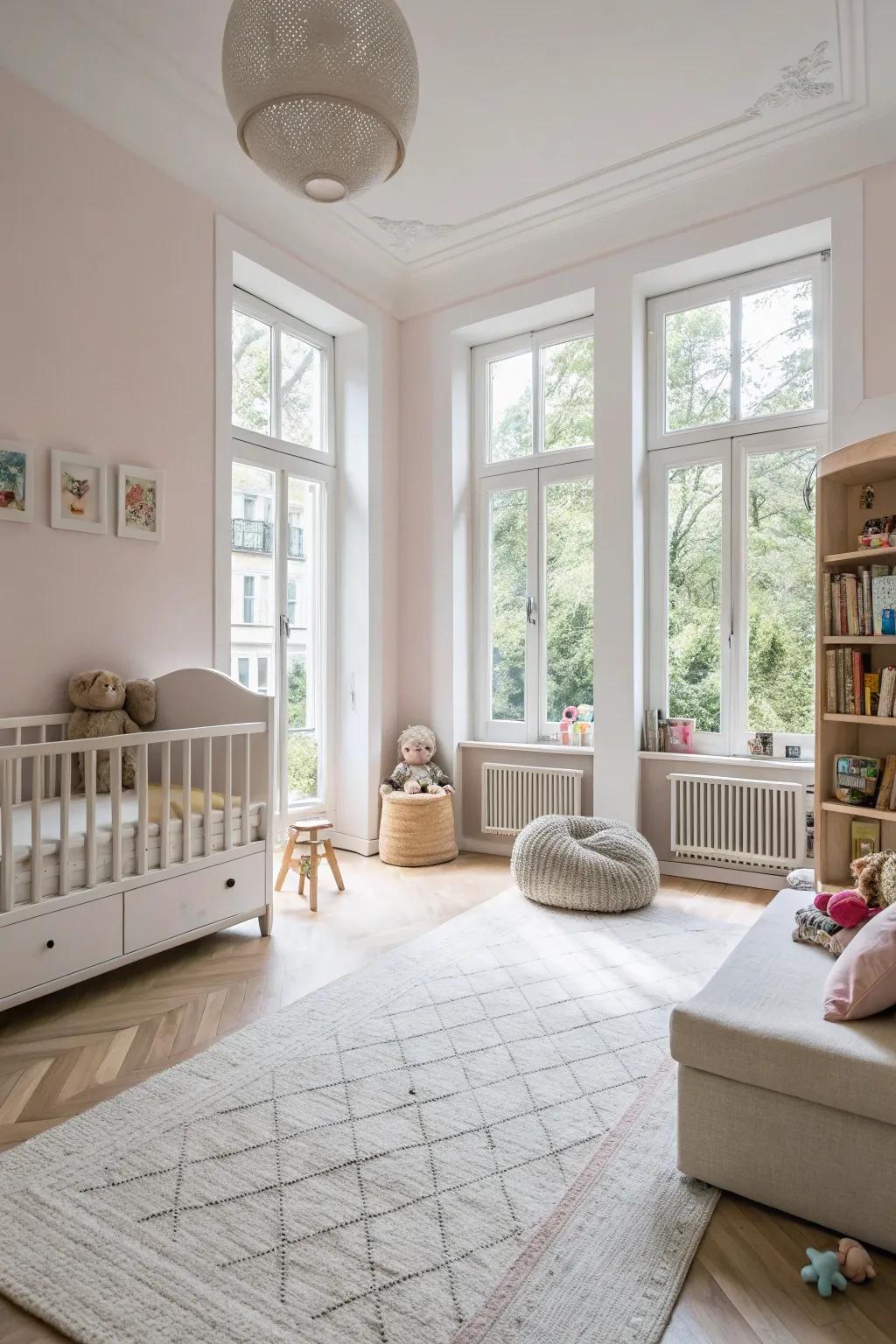 A baby room designed with a lot of space, making it feel open and peaceful.