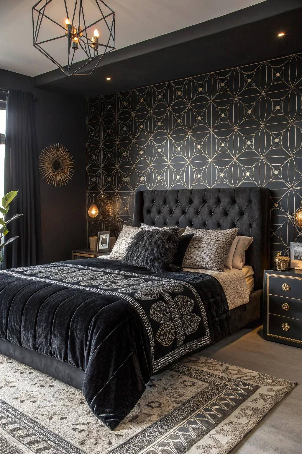 A dynamic mix of textures and patterns adds depth to this stylish black bedroom.