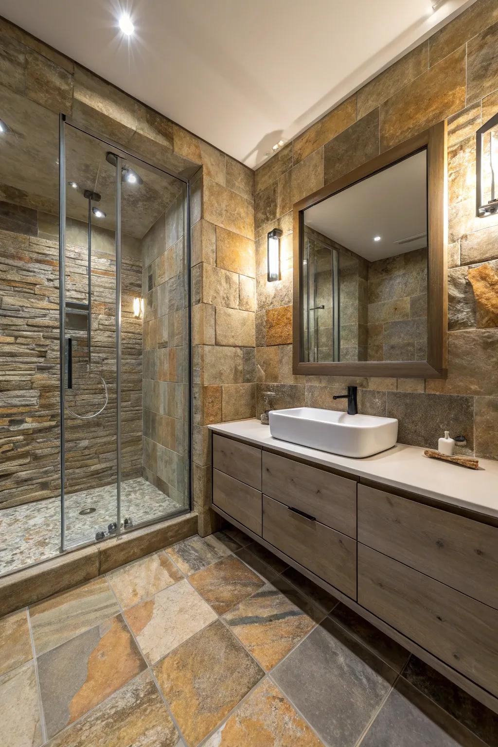 Textured surfaces with stone tiles for added depth.