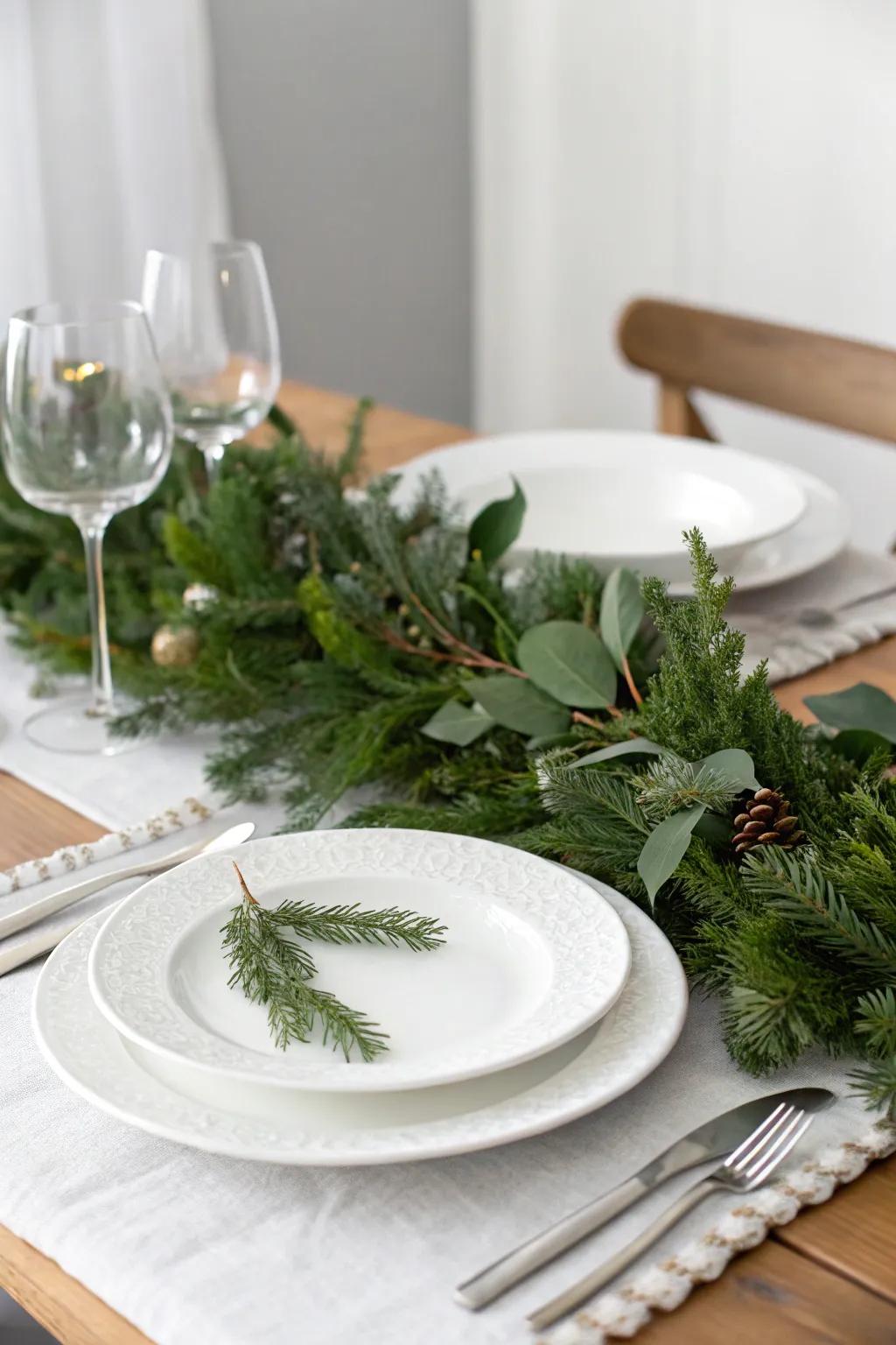 An elegant table arrangement showcasing an uncomplicated centerpiece and muted tableware.