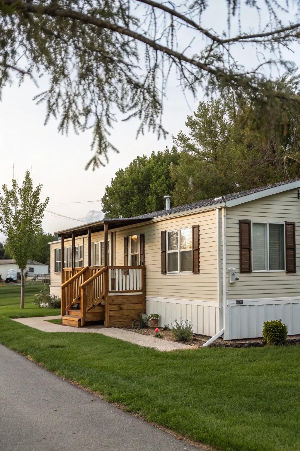 Board and batten shutters providing classic charm to a mobile home.