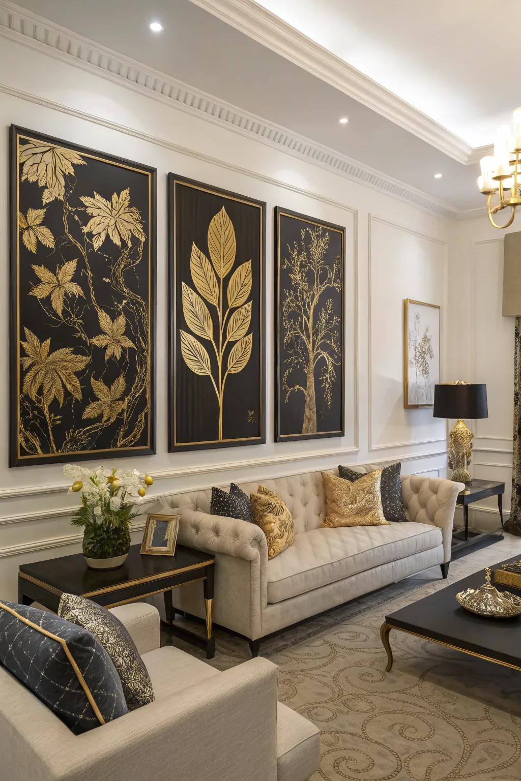 Black and gold artwork creating a striking focal point.