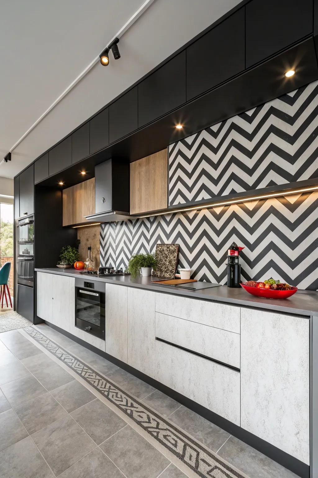 Chevron patterns add movement and energy to the kitchen.