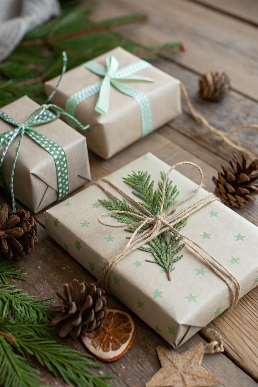 Gifts wrapped in earthy tones, creating a serene and natural holiday aesthetic.