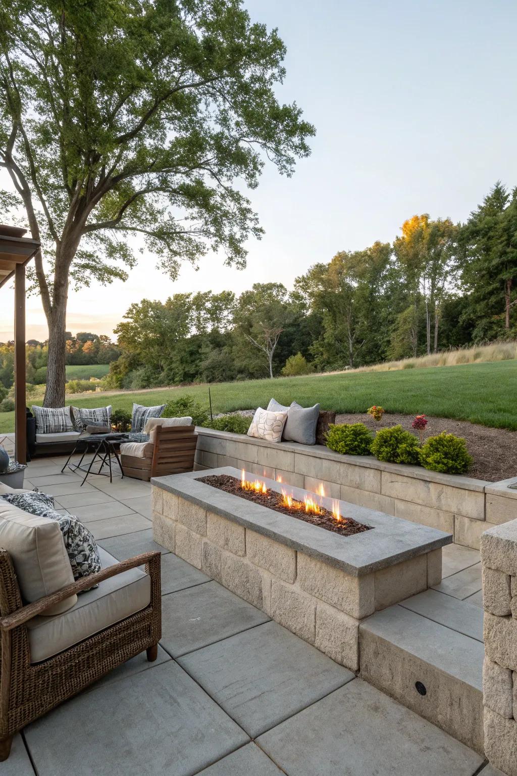 Concrete wall integrated with a fire pit for a cozy outdoor space.