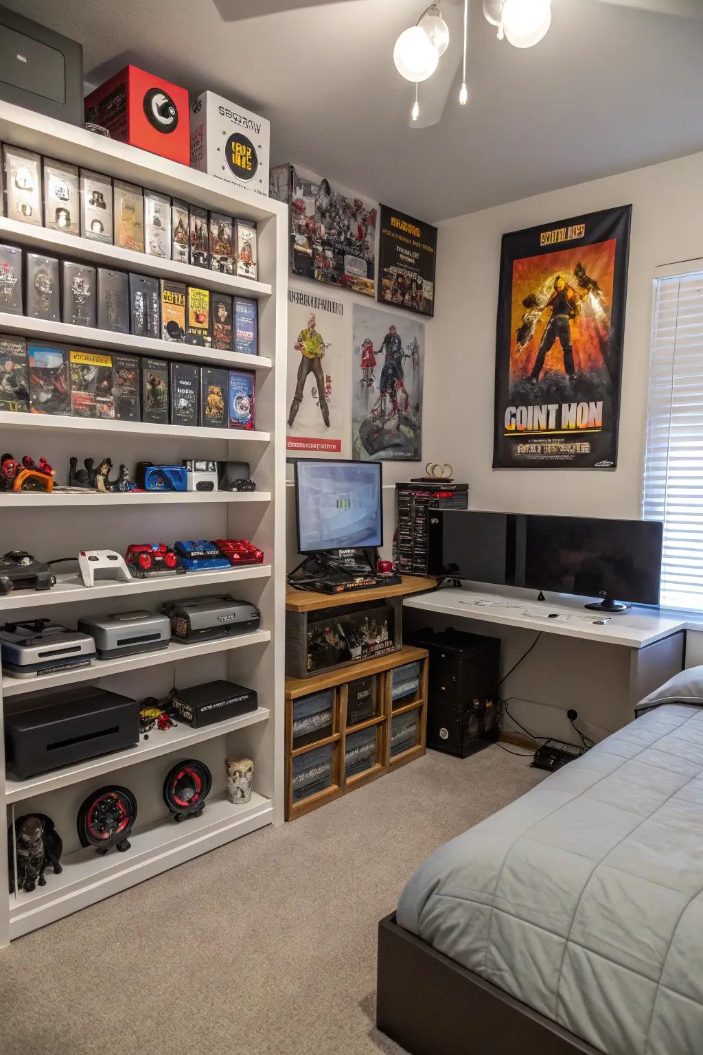 Custom shelves in a gaming bedroom displaying personal collectibles.