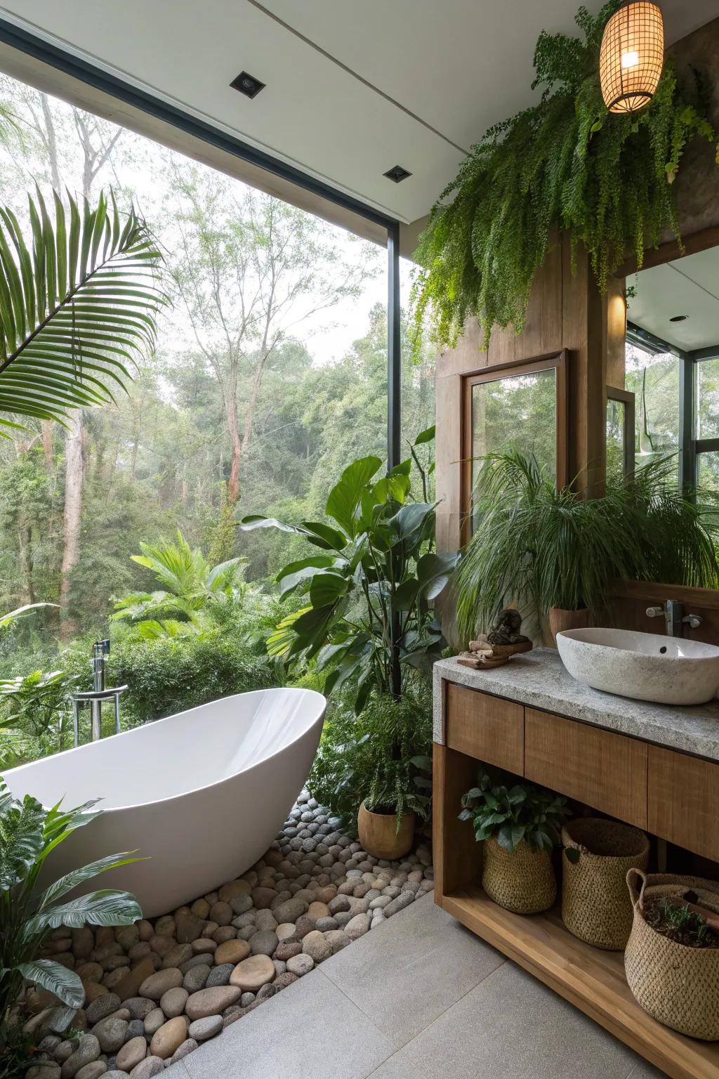 Plants introduce a revitalizing touch to this spacious bathroom.