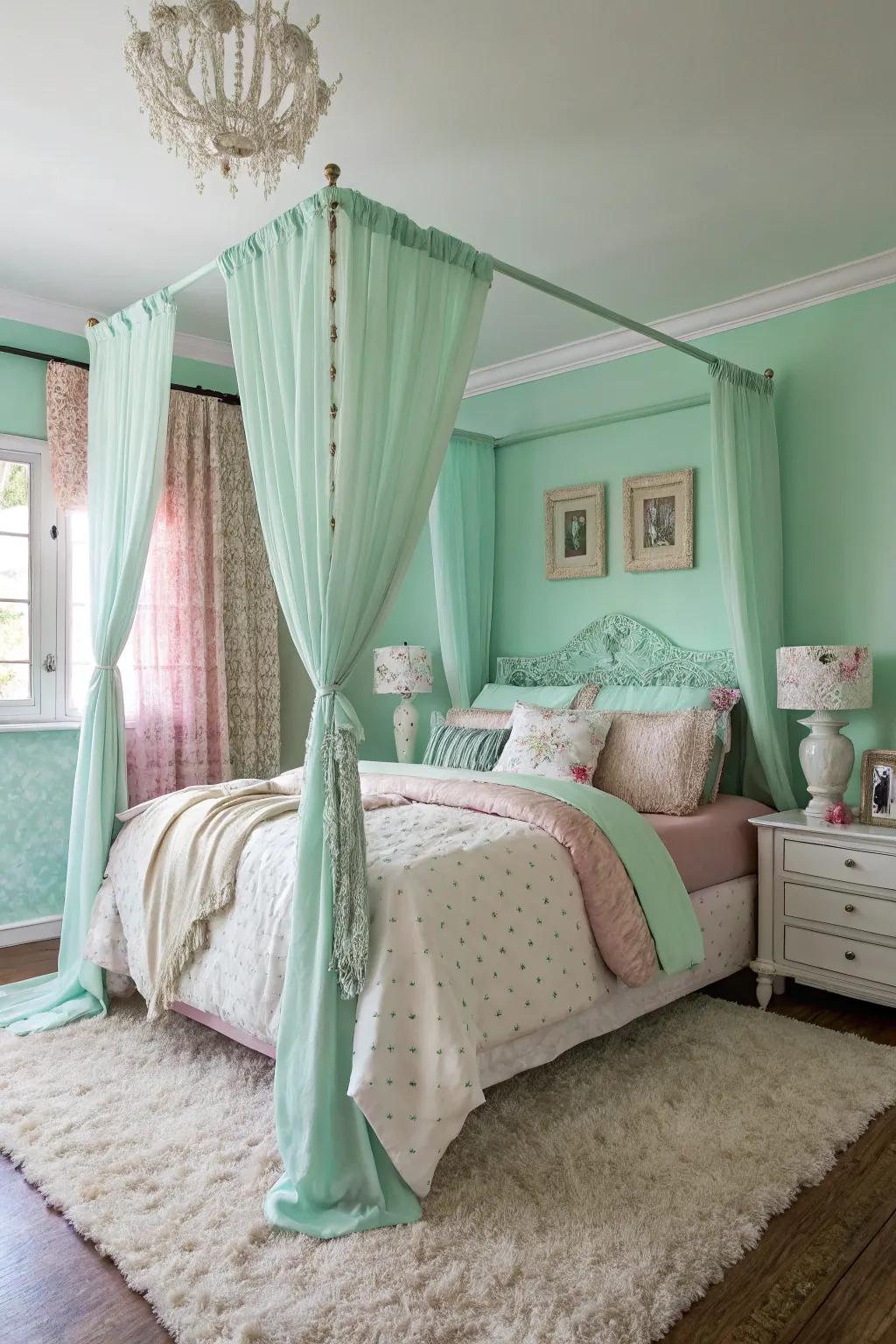 A textured and inviting springtime green boudoir.