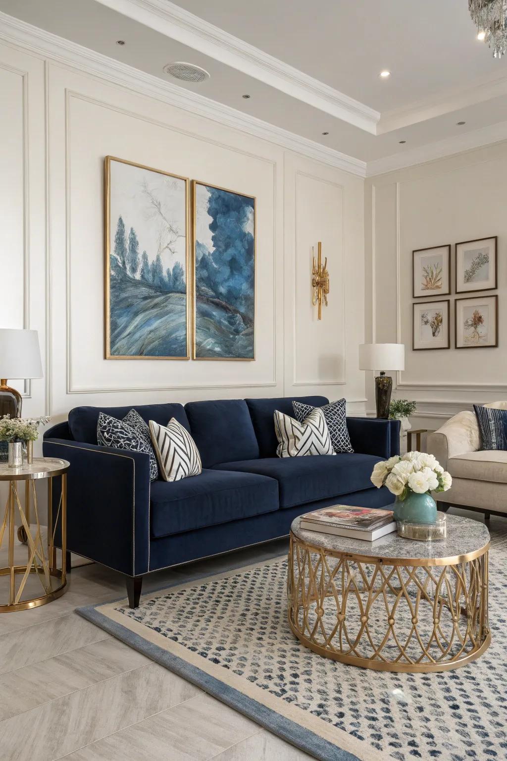 Navy blue artwork enhances the room's aesthetic.