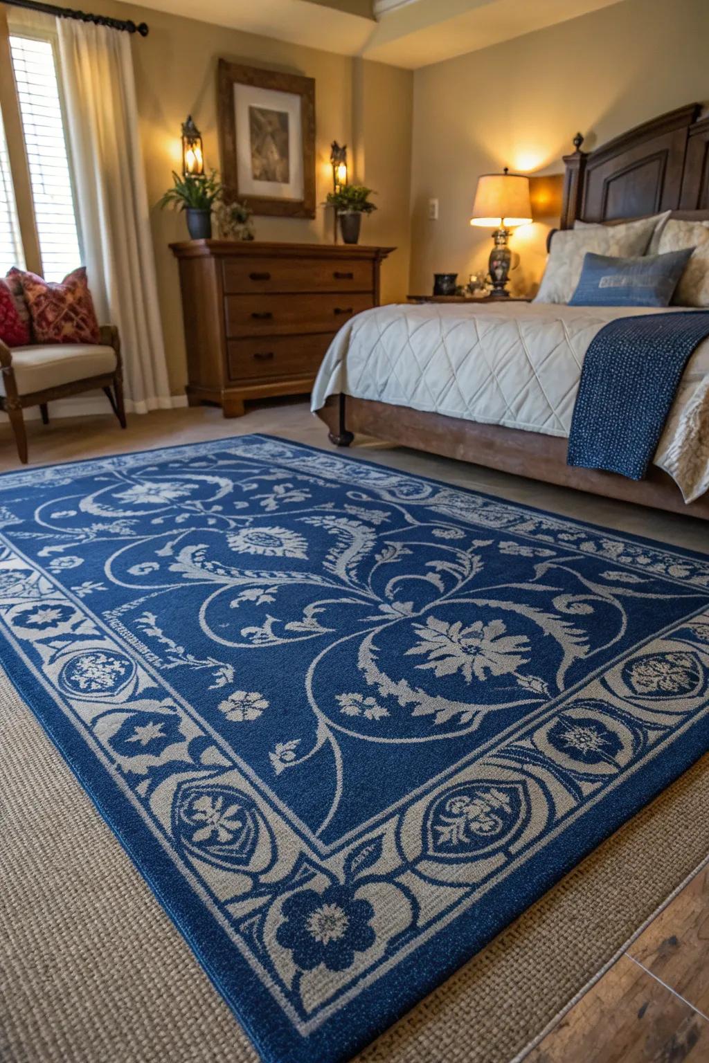 A patterned rug adds texture and ties the royal blue theme together.