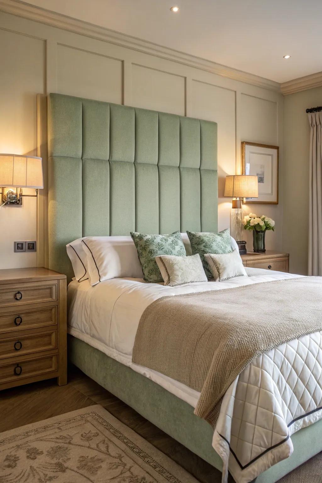 A sage green headboard adds a touch of elegance and color.