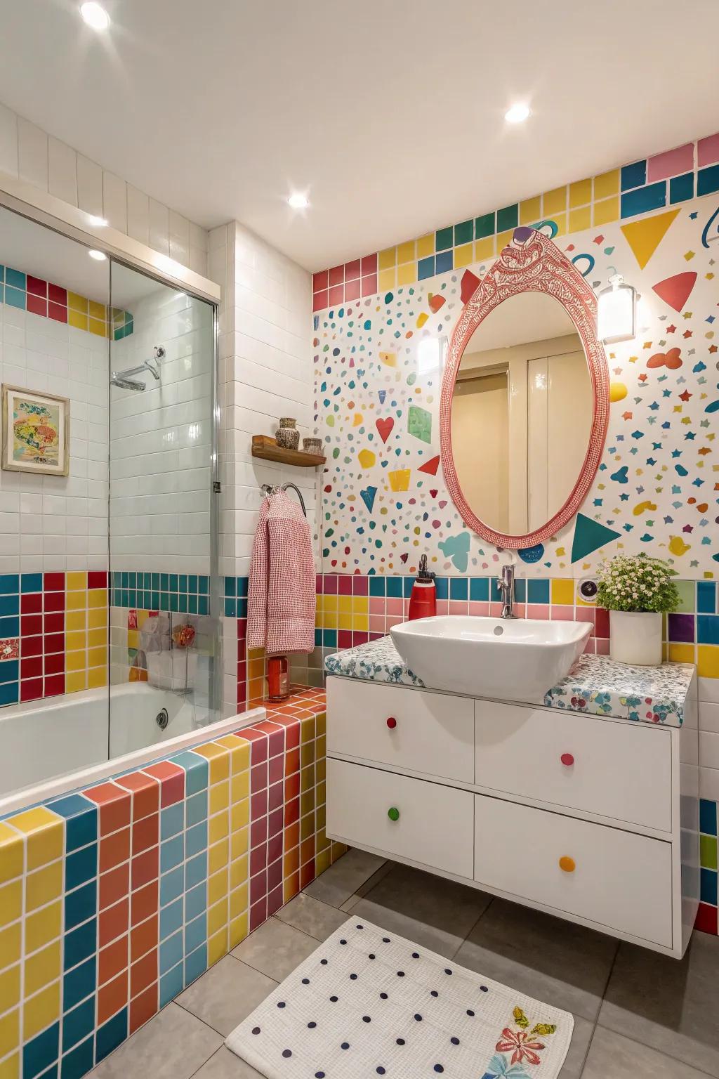 A fun and energetic bathroom with playful mosaic tile patterns.