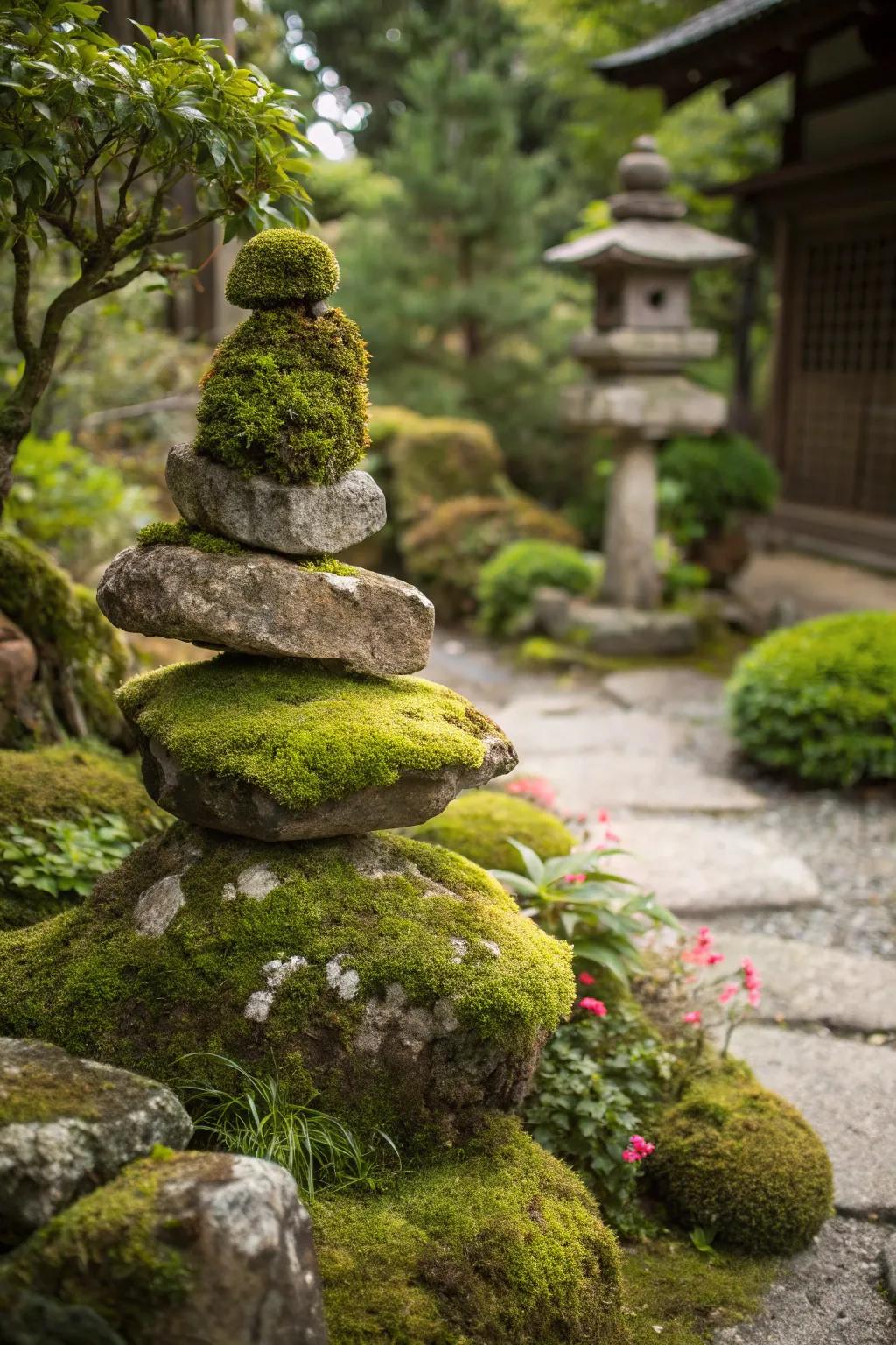 An attention-grabbing lichen stone sculpture at the heart of the garden.