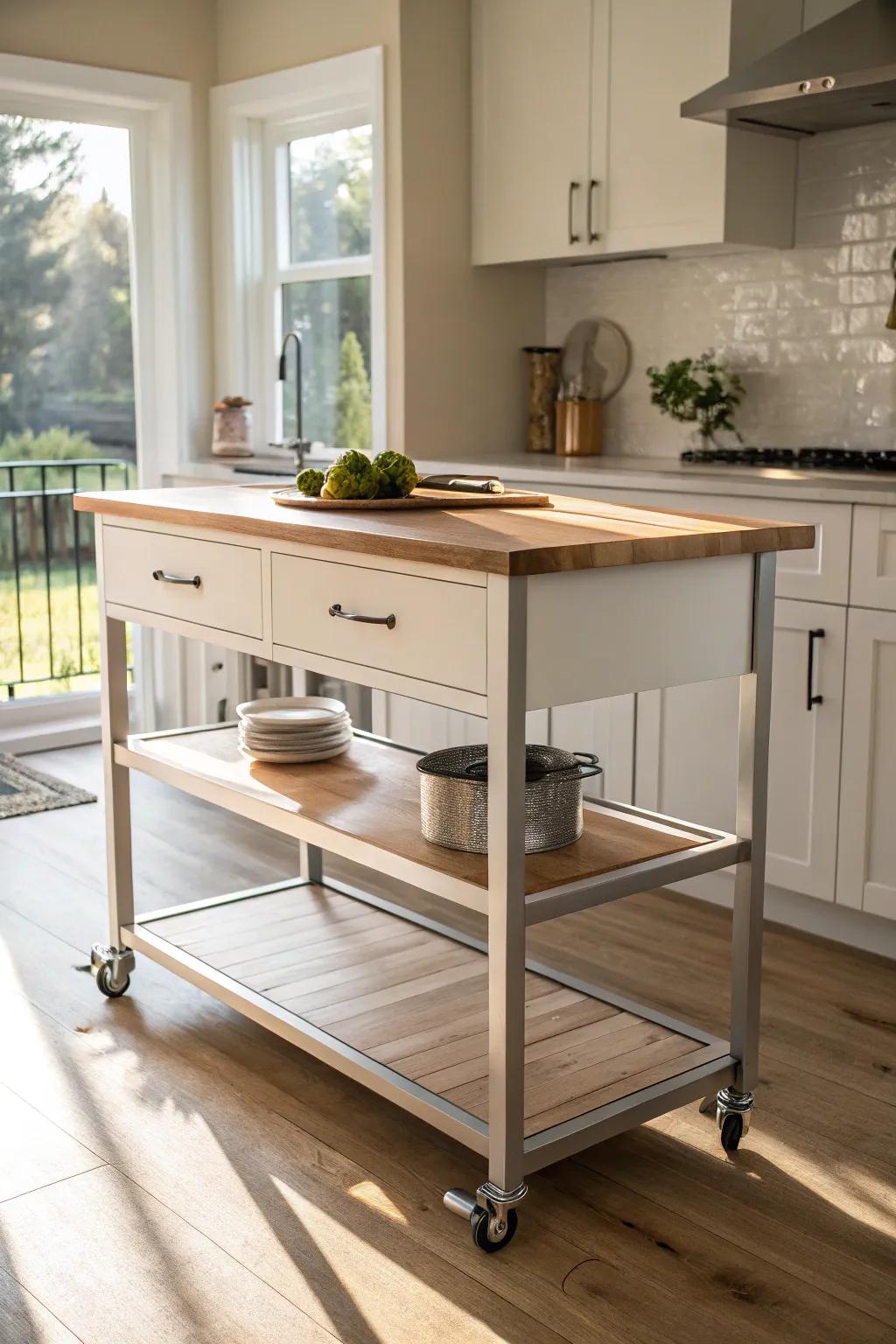 A classic neutral-colored kitchen island