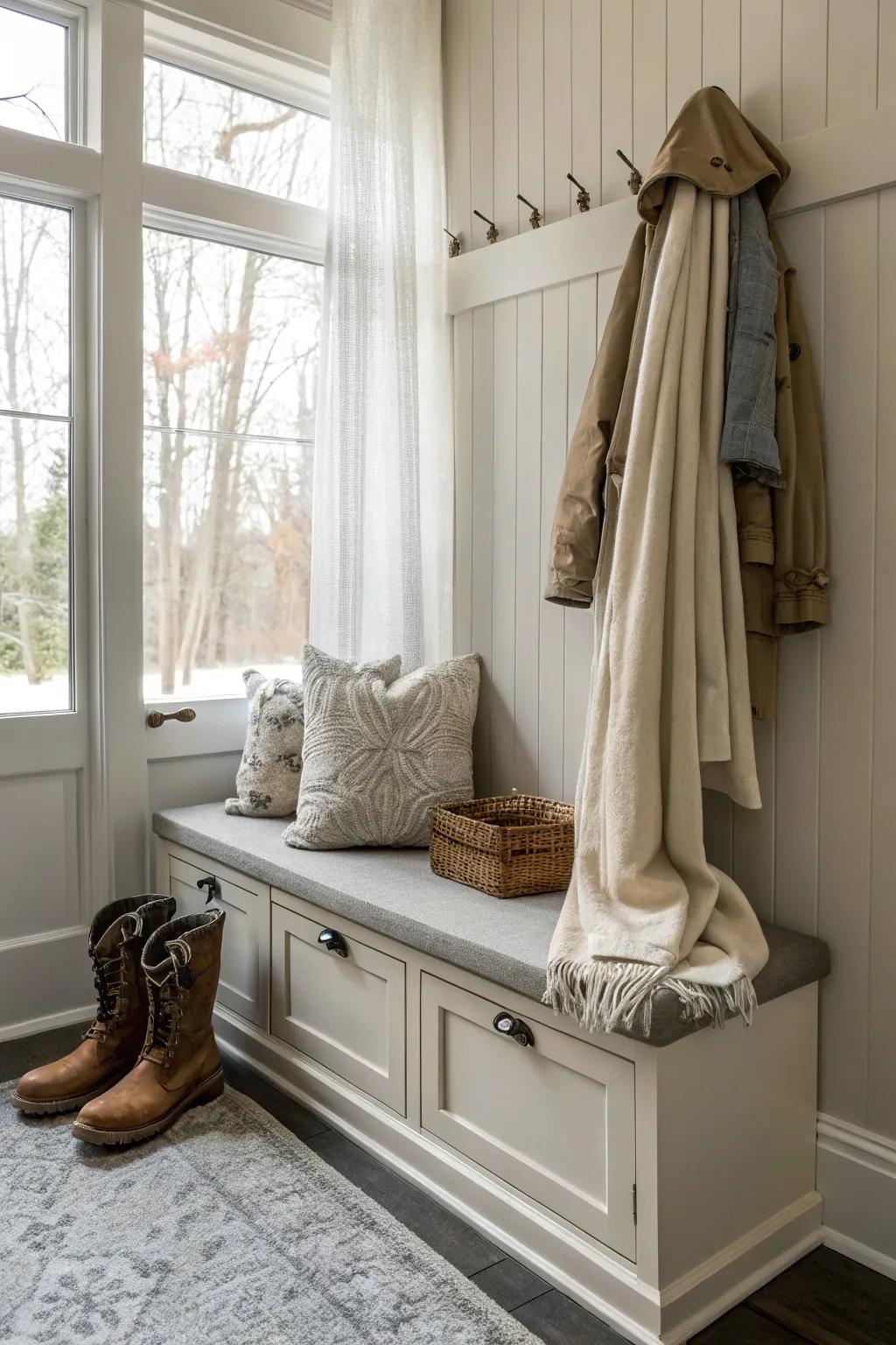 A serene mudroom bench in calming neutral tones.