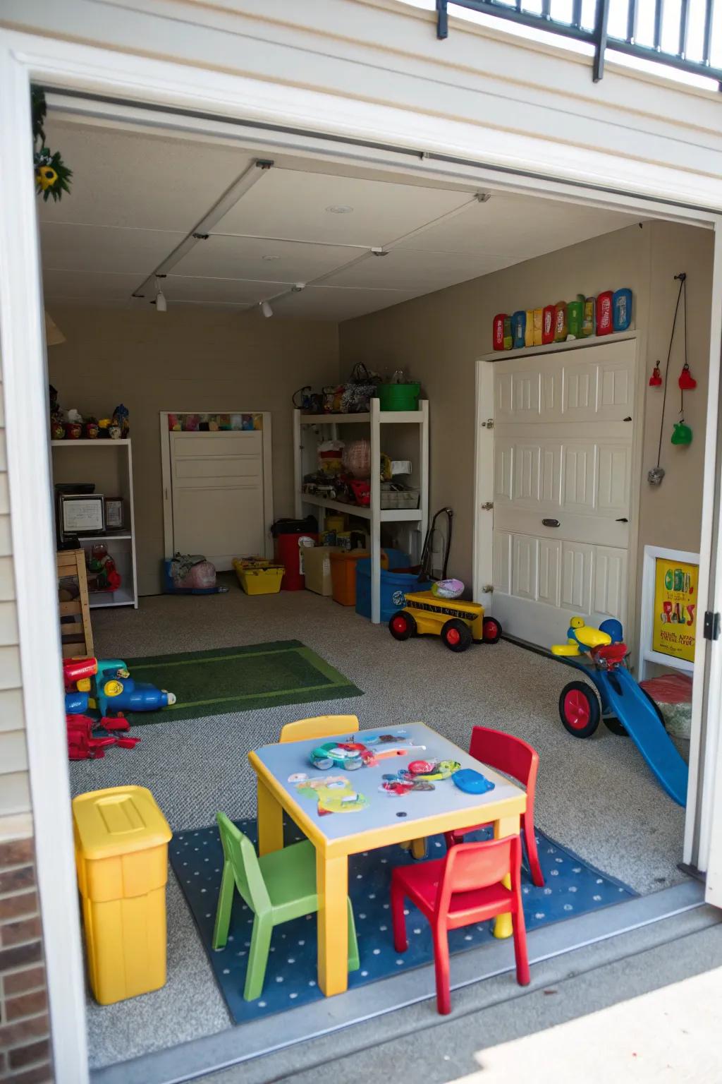 A child-friendly play area set up in a garage.