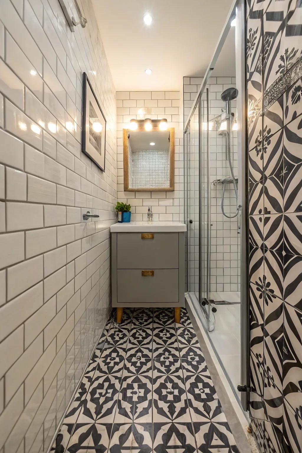 Statement tiles bring personality and depth to narrow bathroom designs.