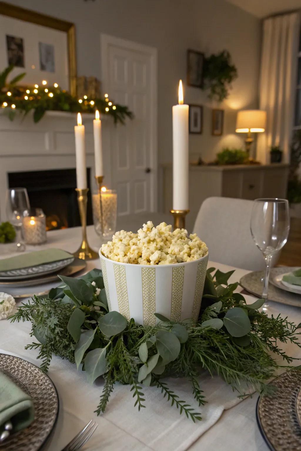 A chic popcorn centerpiece enhancing a dining room table.