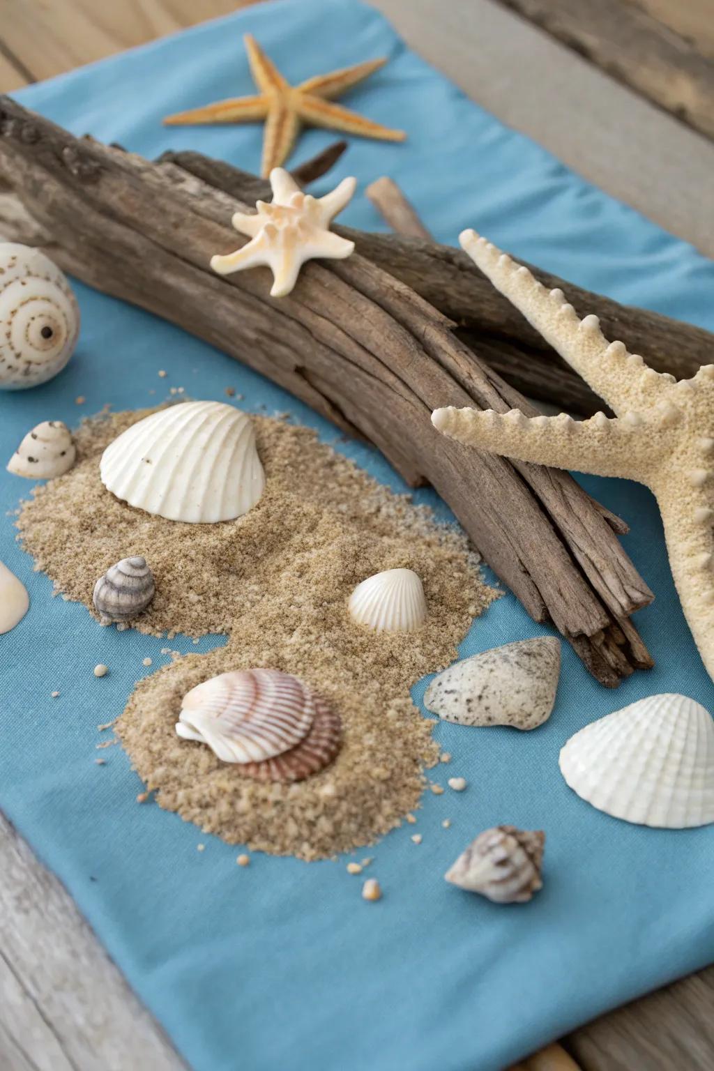A coastal-themed collage employing shells and timber.