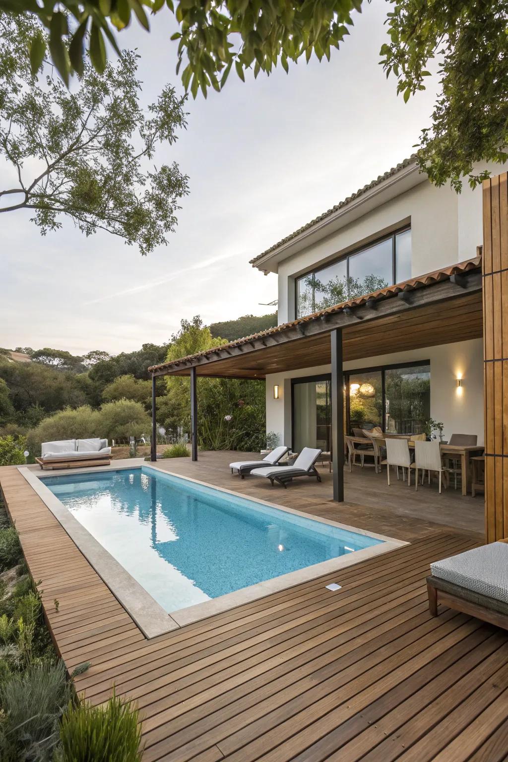 A pool featuring sleek wooden decking, providing a chic and comfortable lounging area.