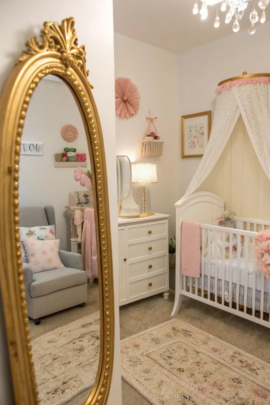 A gold-accented mirror brings a touch of luxury to this nursery.