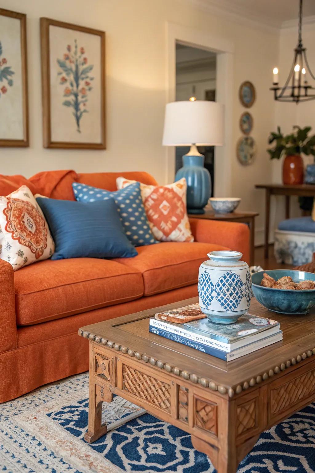 Blue and orange elements come together for a harmonious and stylish living room.