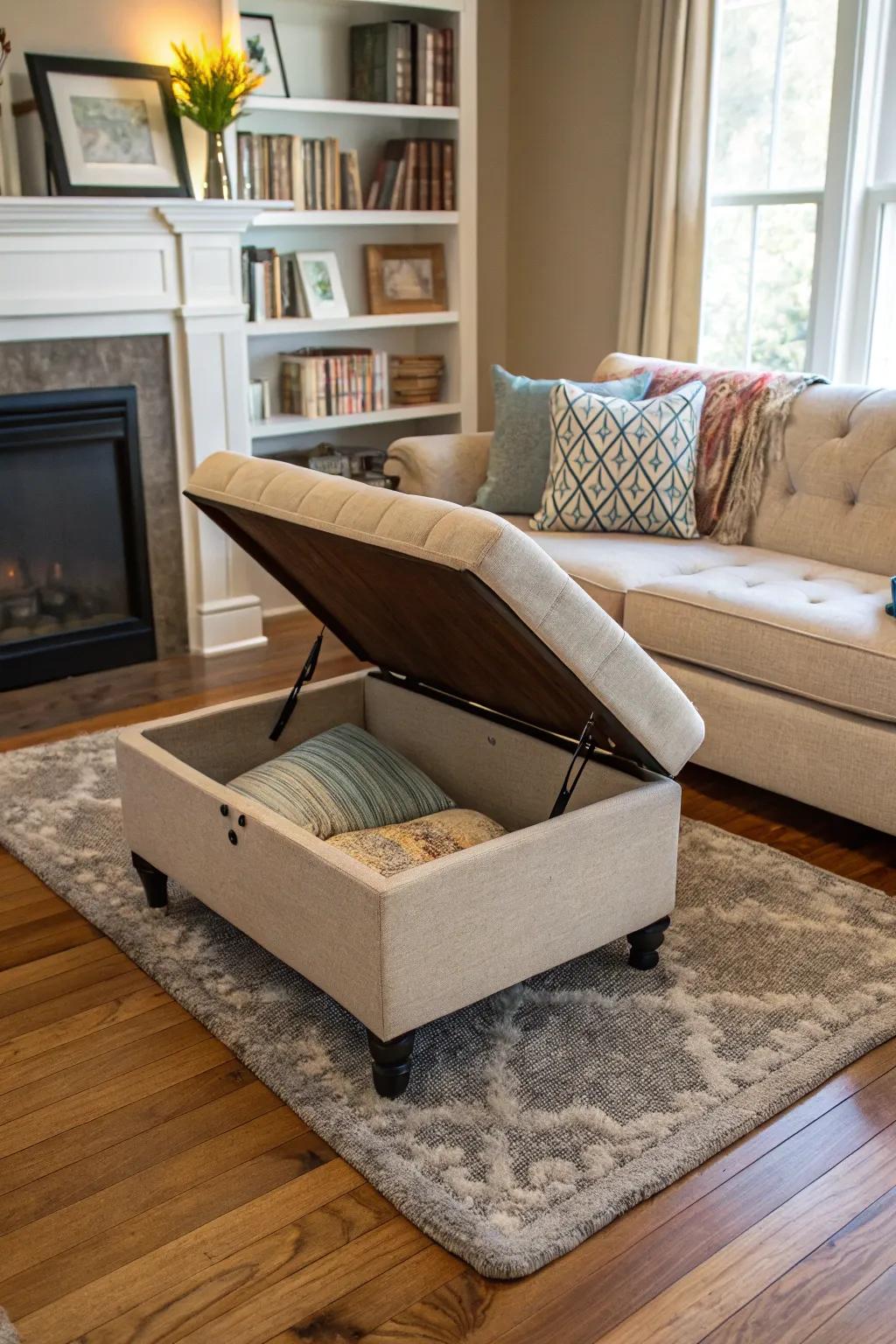 A stylish ottoman with hidden storage space