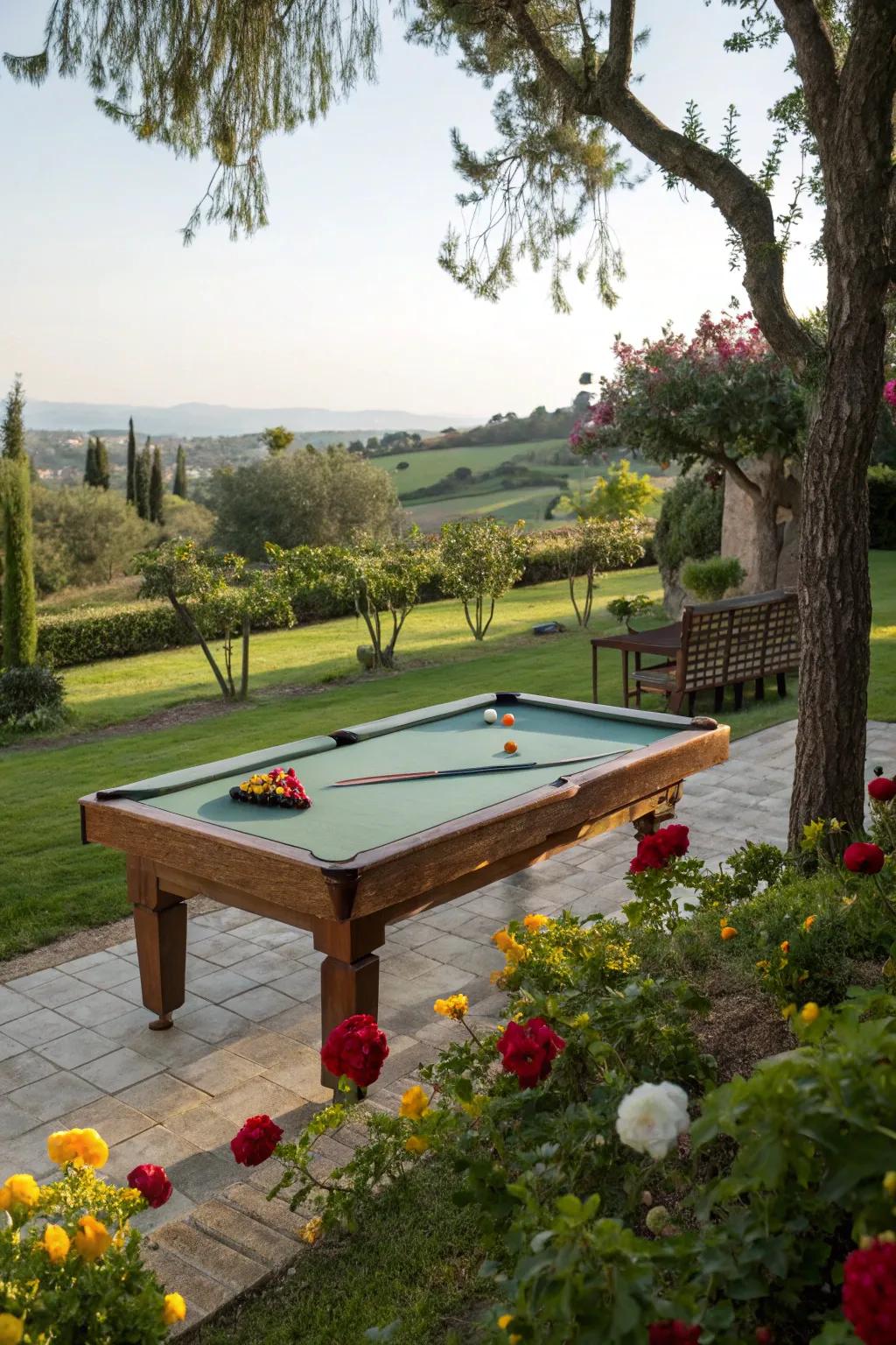 A pool table offering captivating views of a lush garden.