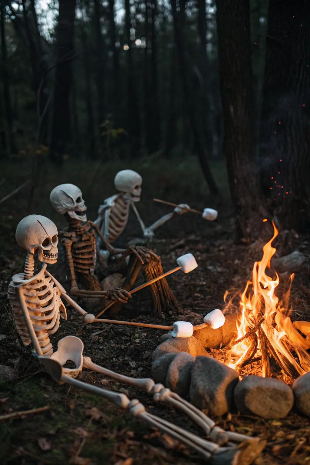 Skeletons enjoying a campfire under the stars.