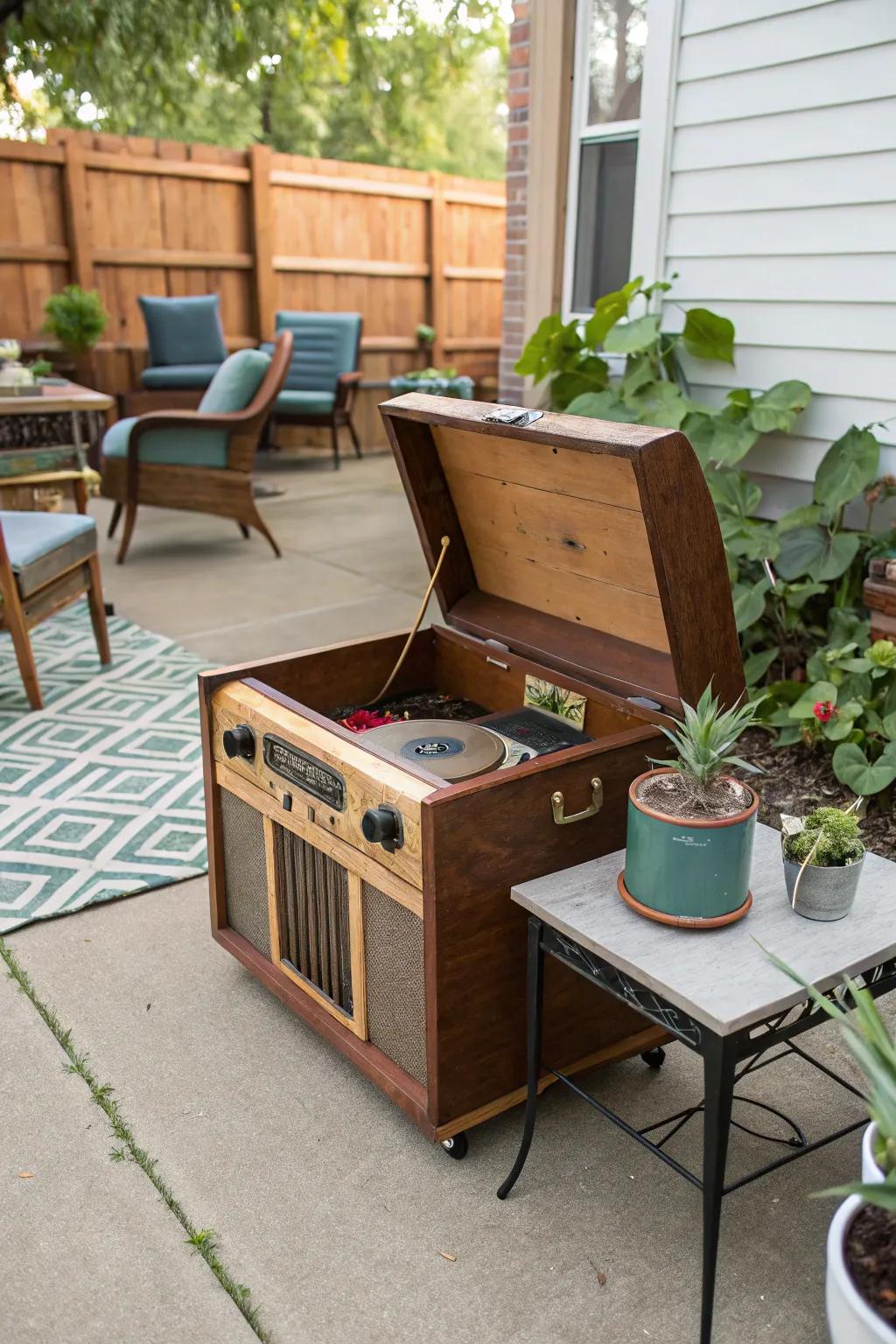 A vintage trunk adds character and history to your outdoor audio setup.