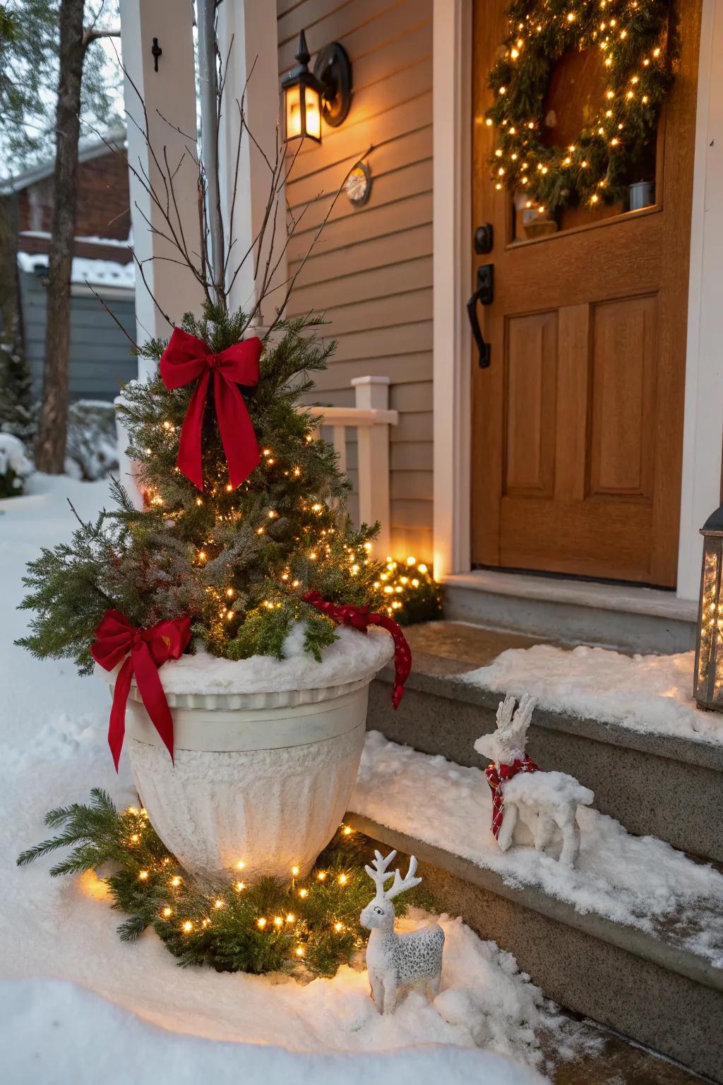 Faux snow adds a whimsical touch to winter planters.