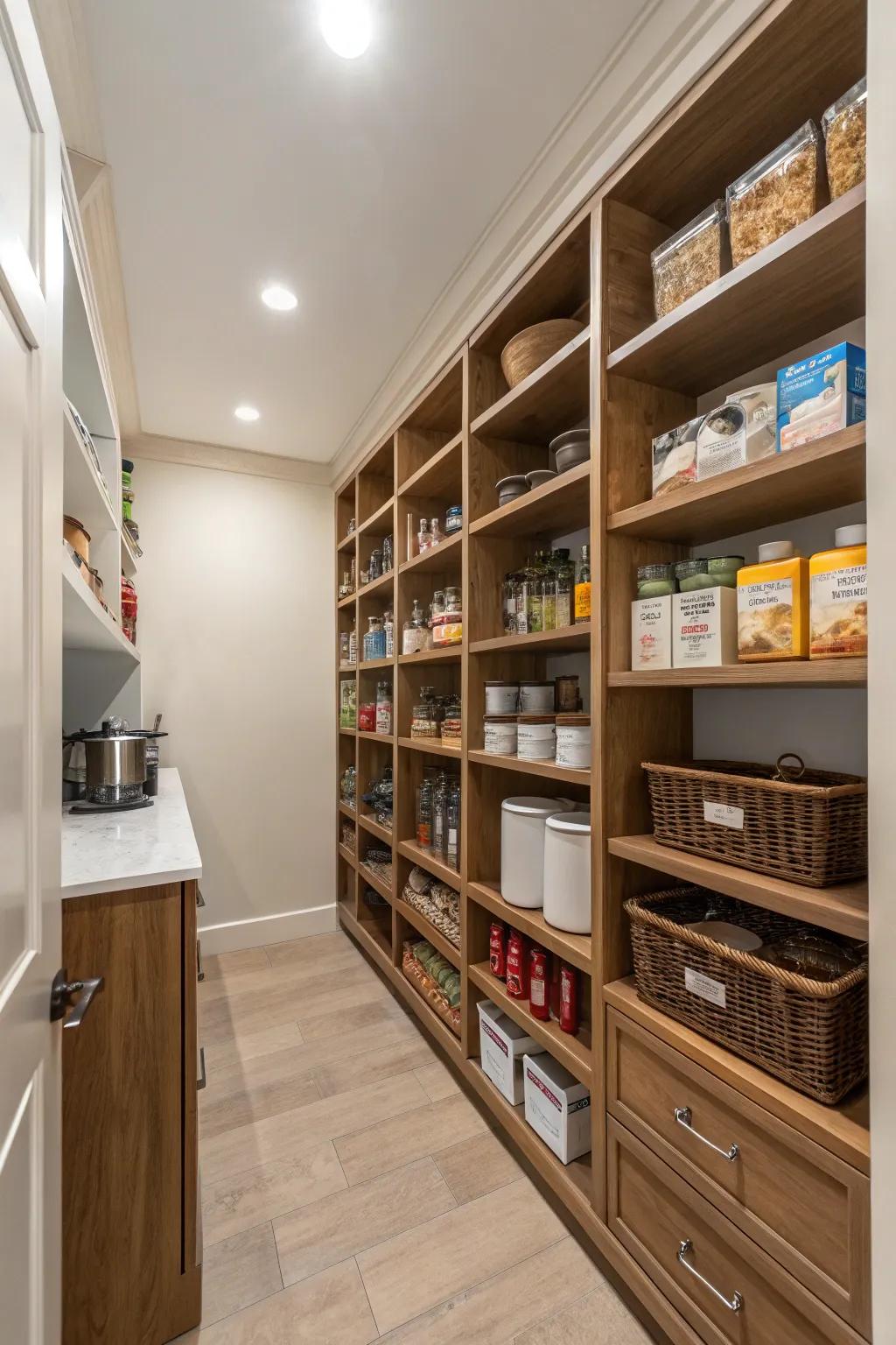 A U-shaped pantry maximizing storage with shelves on three walls.
