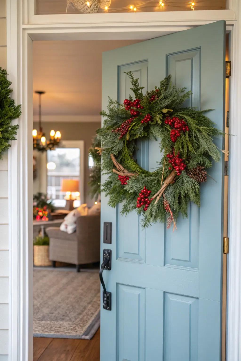 A seasonal wreath on the door adds a welcoming and festive touch.