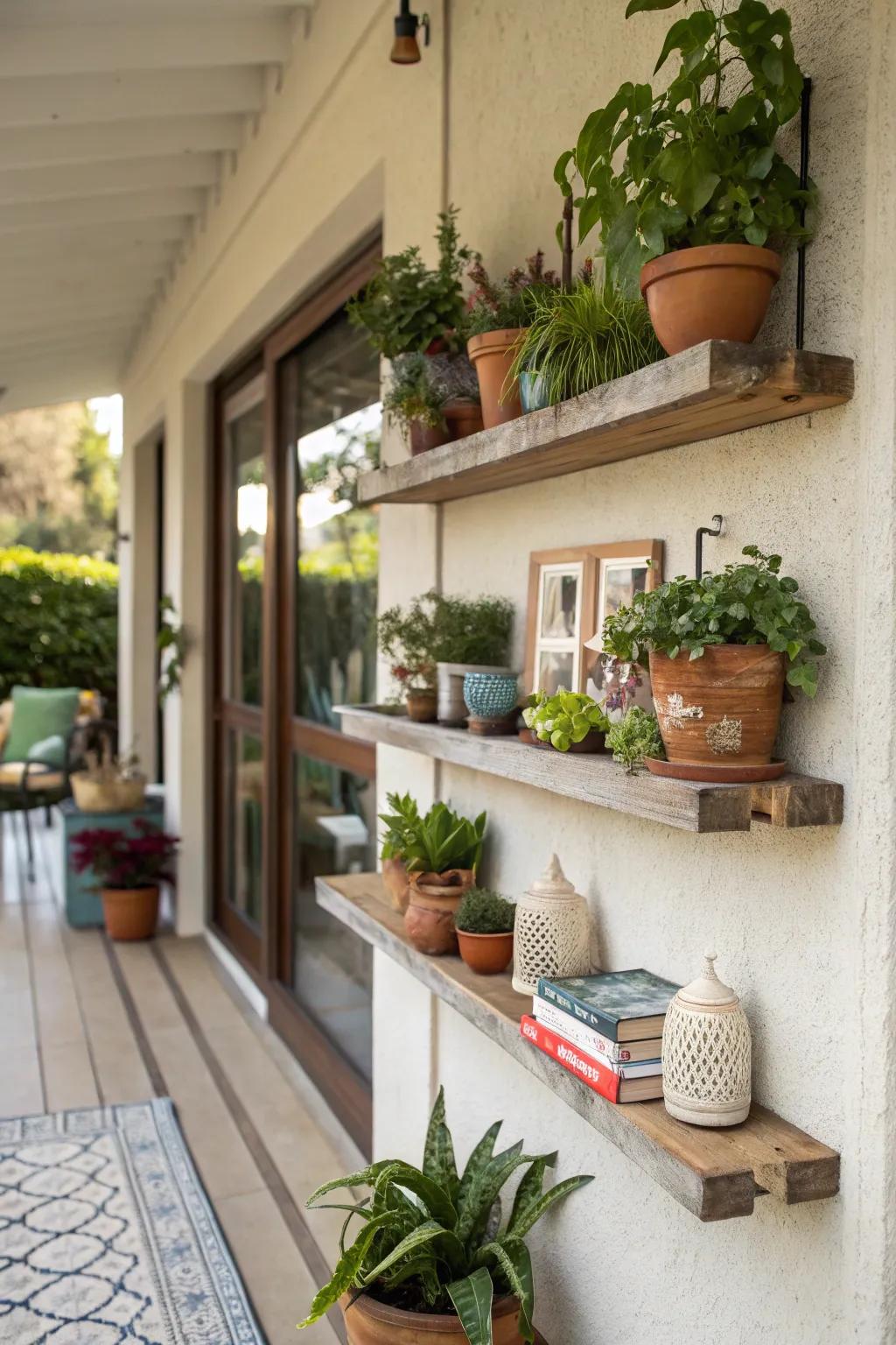 Floating shelves offer both style and storage on the patio wall.