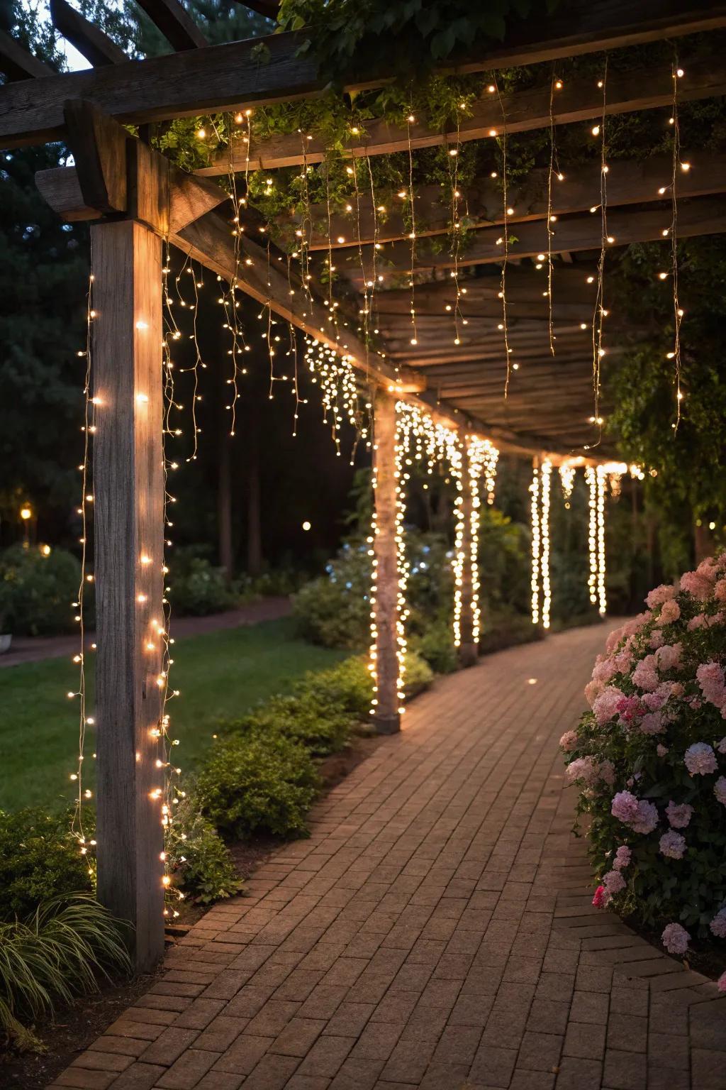 Fairy lights create a whimsical, enchanting atmosphere.