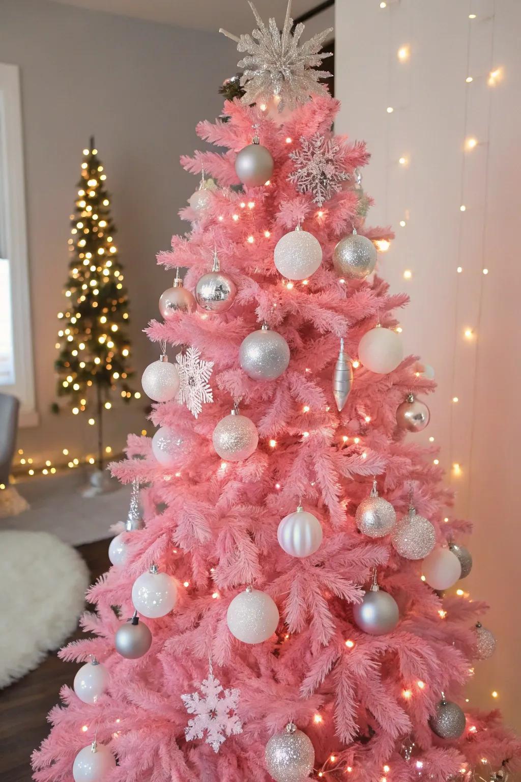 White and silver accents enhance the beauty of this pink tree.